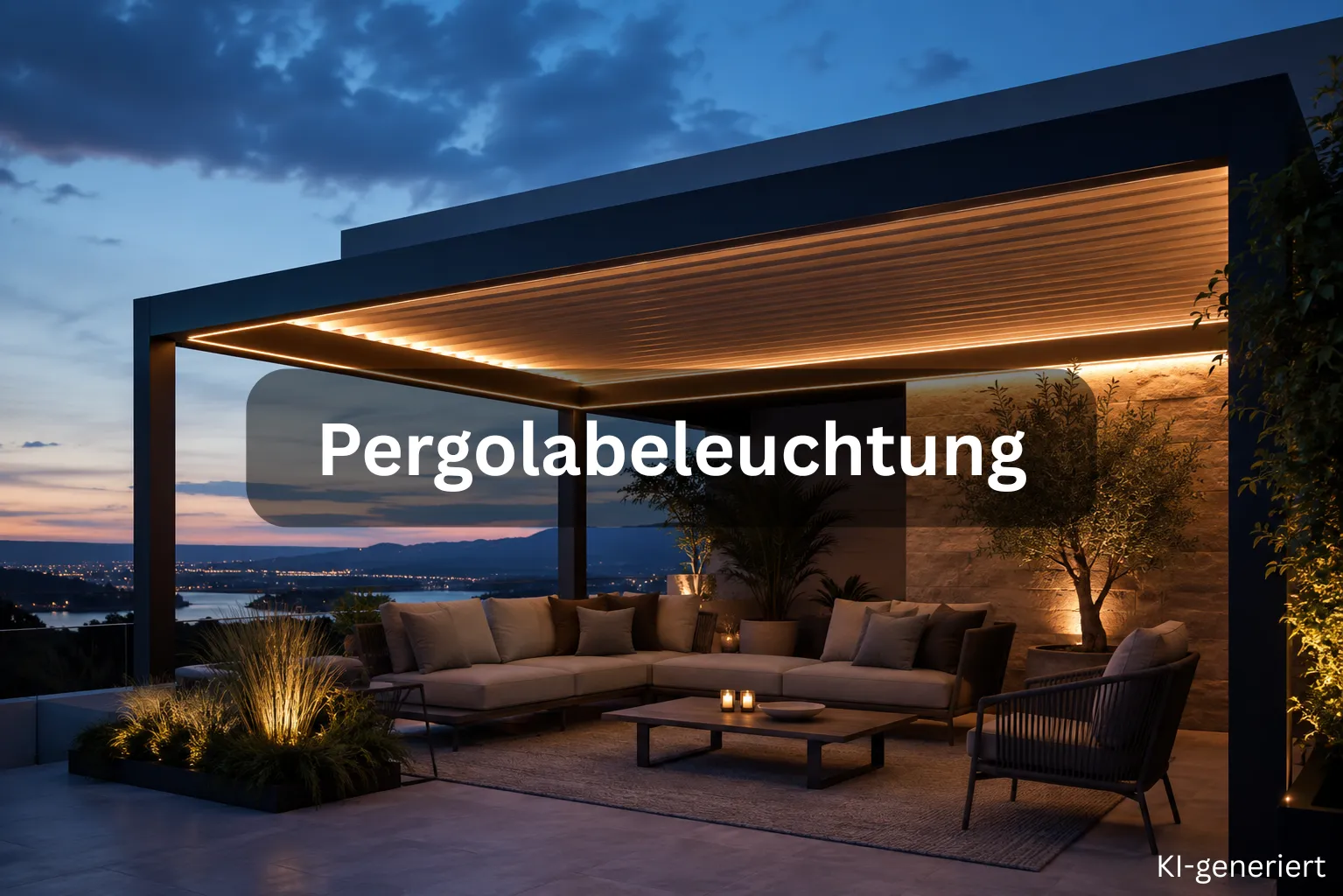 Pergolabeleuchtung – LED Licht für Pergola, Lamellendach & Markise Pergolabeleuchtung mit LED: Alu-Pergola mit indirekt beleuchtetem Lamellendach über einer Lounge am Abend