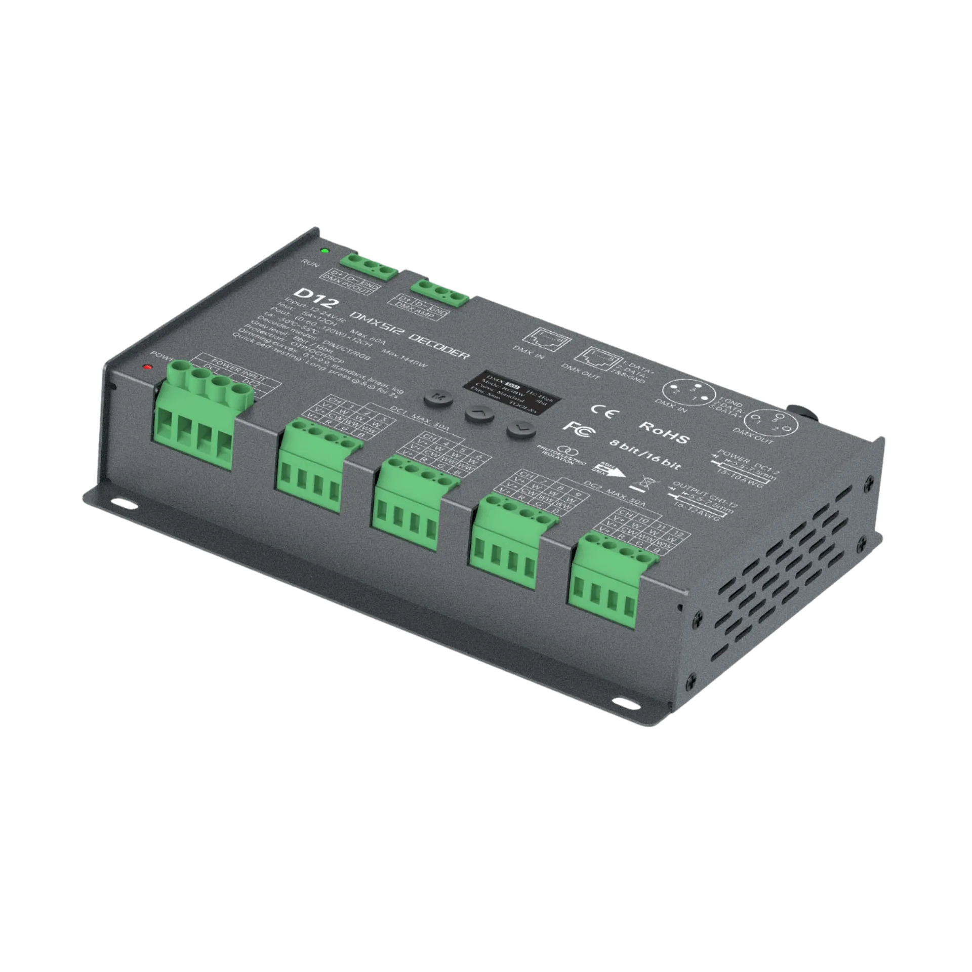 LTECH D12 DMX512/RDM LED Controller 12-Kanal 5A, 12-24V DC, mit OLED Display, Konstantspannung