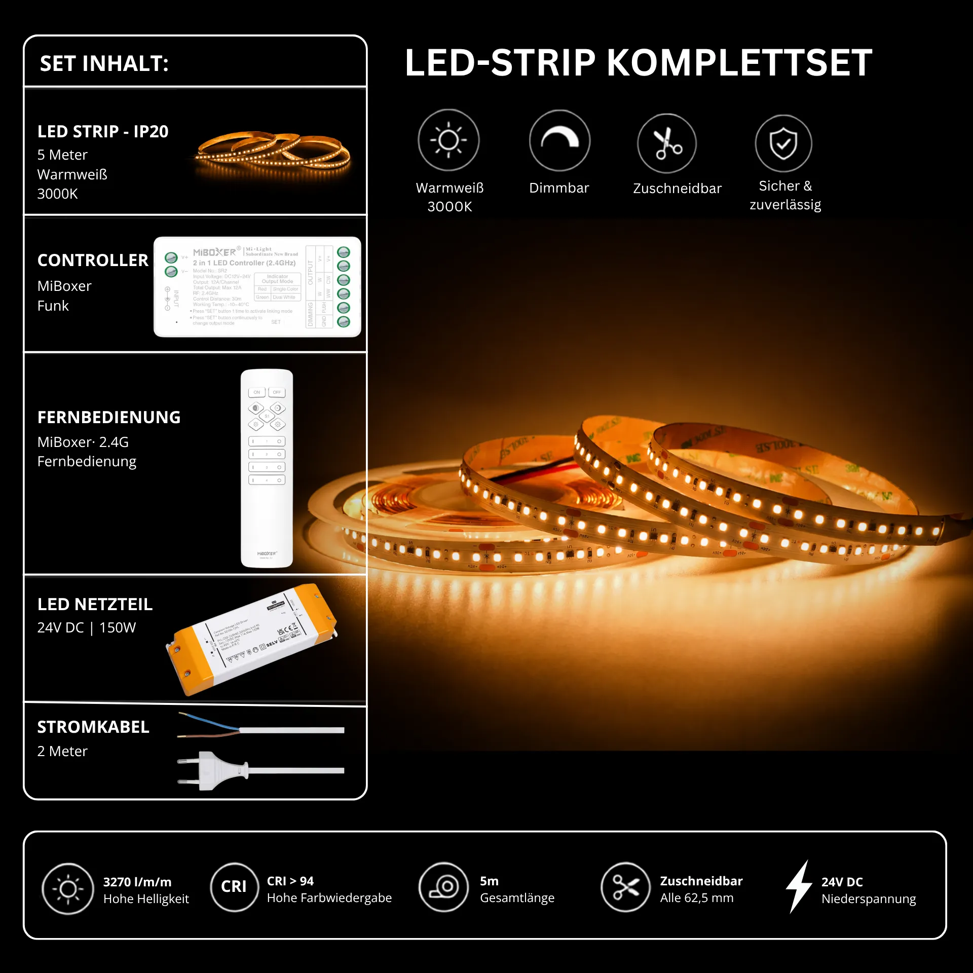LED Streifen Set High Power Warmweiß 3000K – SMD LED Streifen 24V, 22 W/m, 3270 lm/m, 5m – SS150 Netzteil, SR2 Funk-Controller & C1 Fernbedienung Weiß