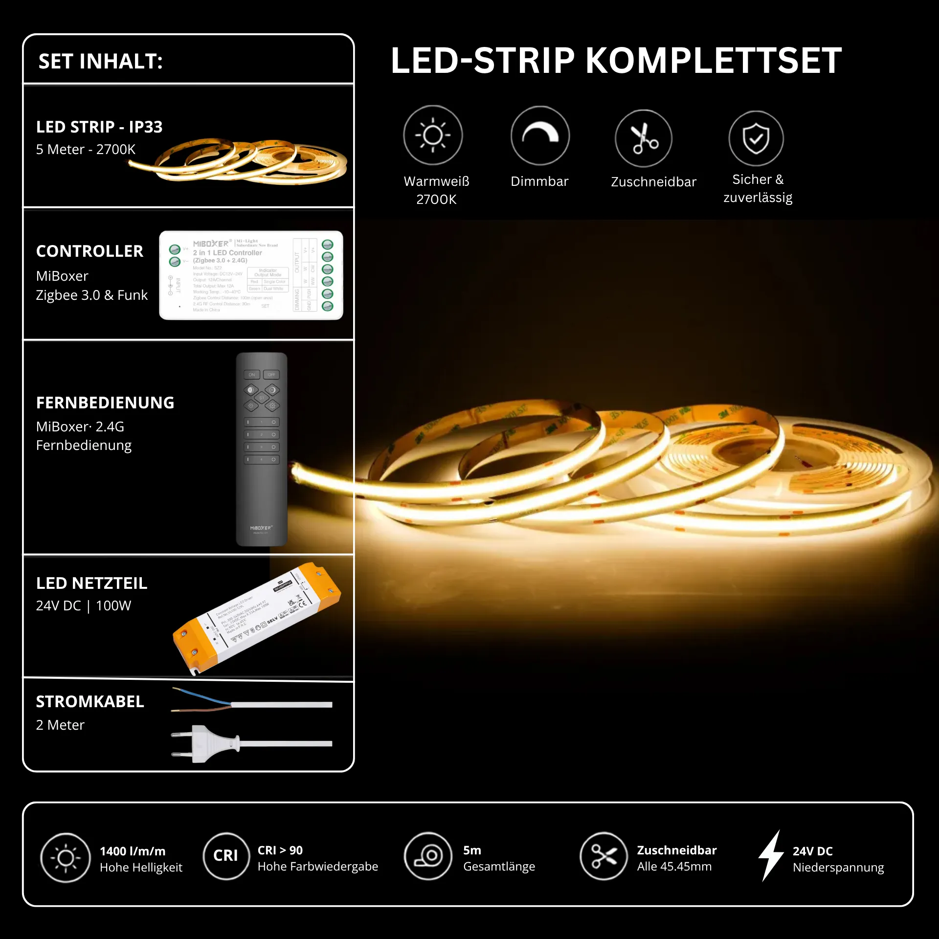 LED Streifen Set Warmweiß – COB LED Streifen 24V, punktfrei, 14 W/m, 5m, 2700K, CRI 90, IP33 – SS100 Netzteil, SZ2 Zigbee 3.0 Controller & C1 Fernbedienung Schwarz