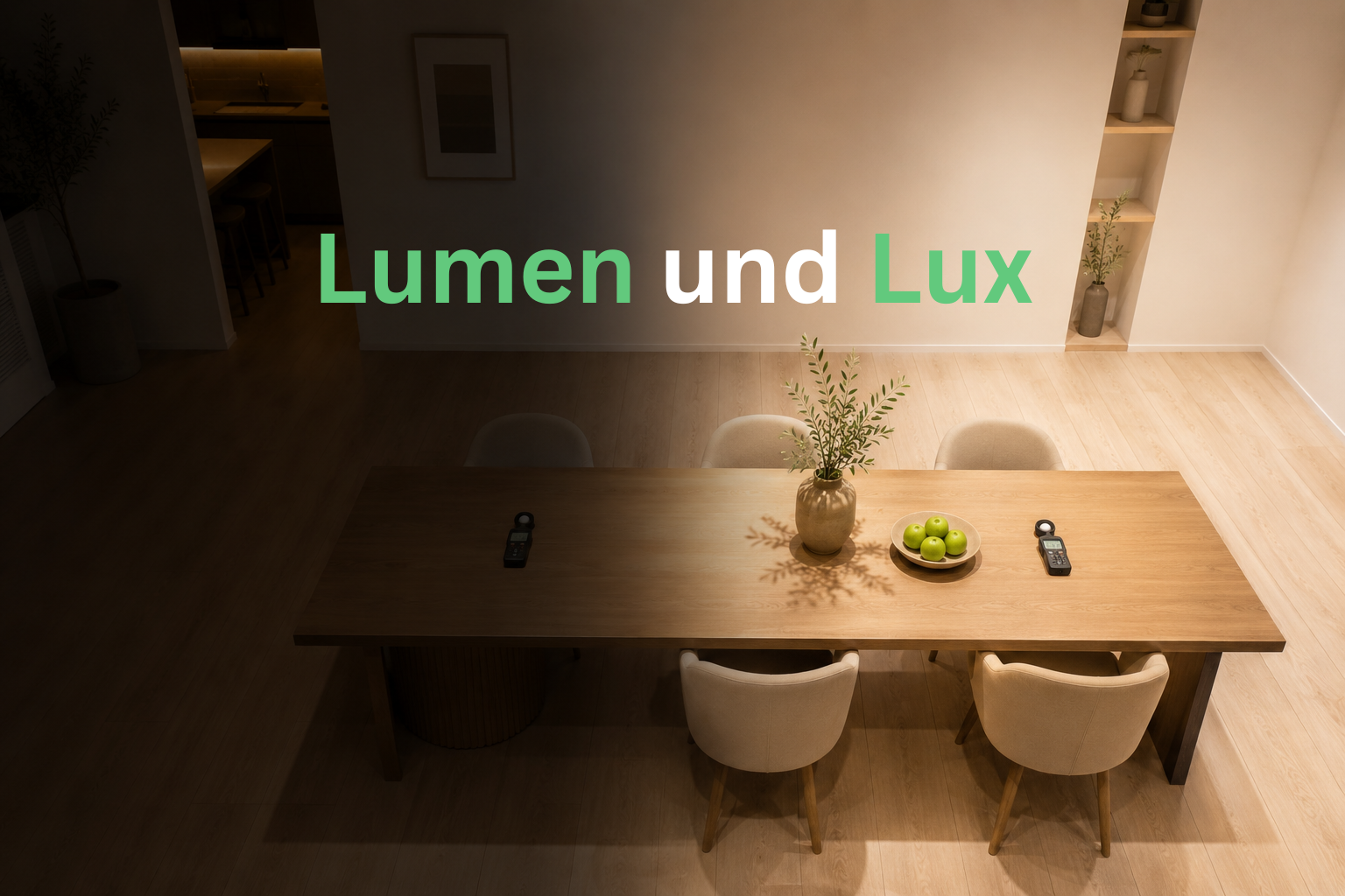 Lumen und Lux einfach erklärt – Unterschied zwischen Lichtstrom und Beleuchtungsstärke Vergleich von heller und dunkler Raumausleuchtung zur Erklärung von Lumen und Lux in der LED Beleuchtung
