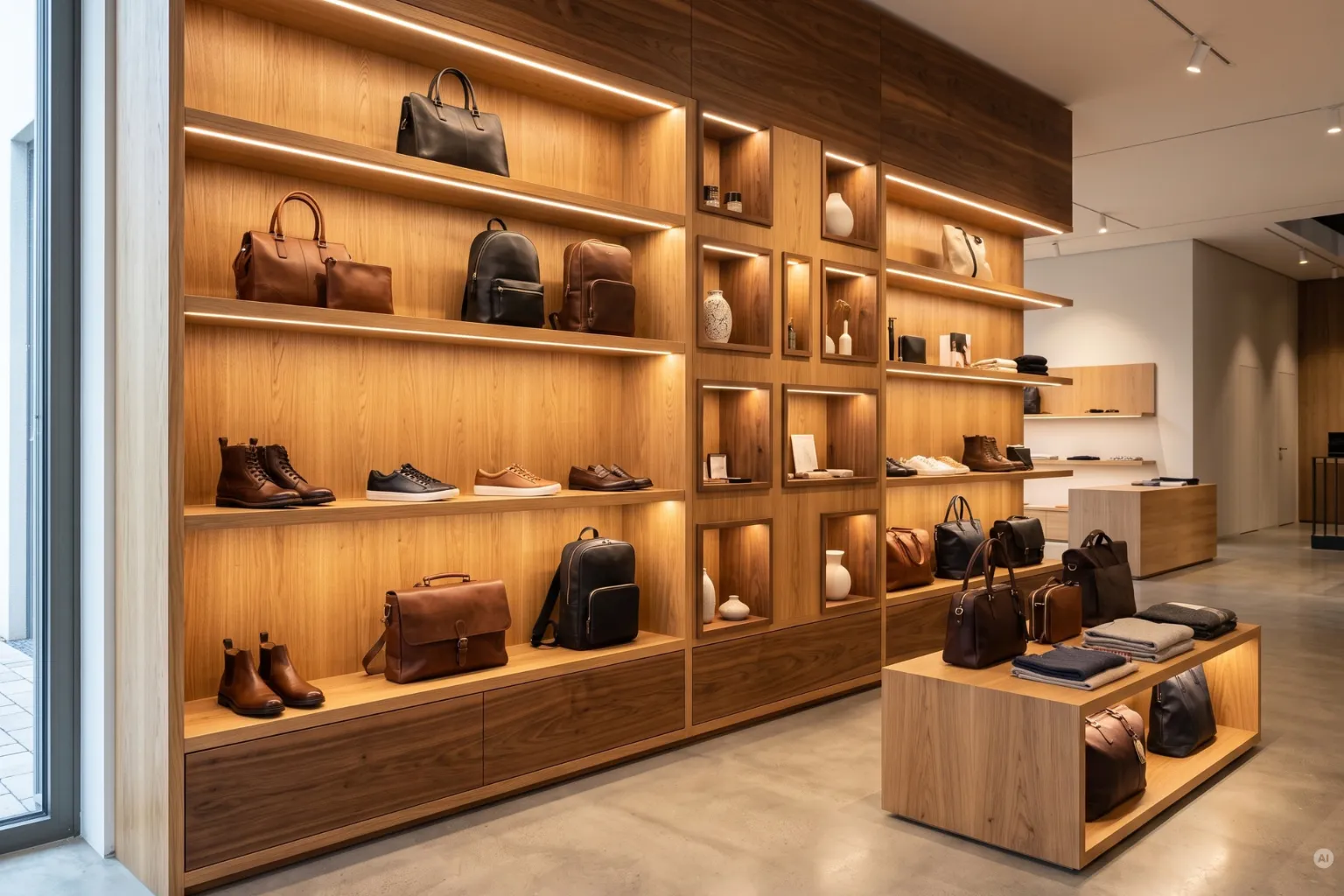 Ein exklusiver Verkaufsraum für hochwertige Lederwaren. Maßgefertigte Holzregale mit integrierten LED-Lichtbändern präsentieren Designertaschen, Schuhe und Accessoires.