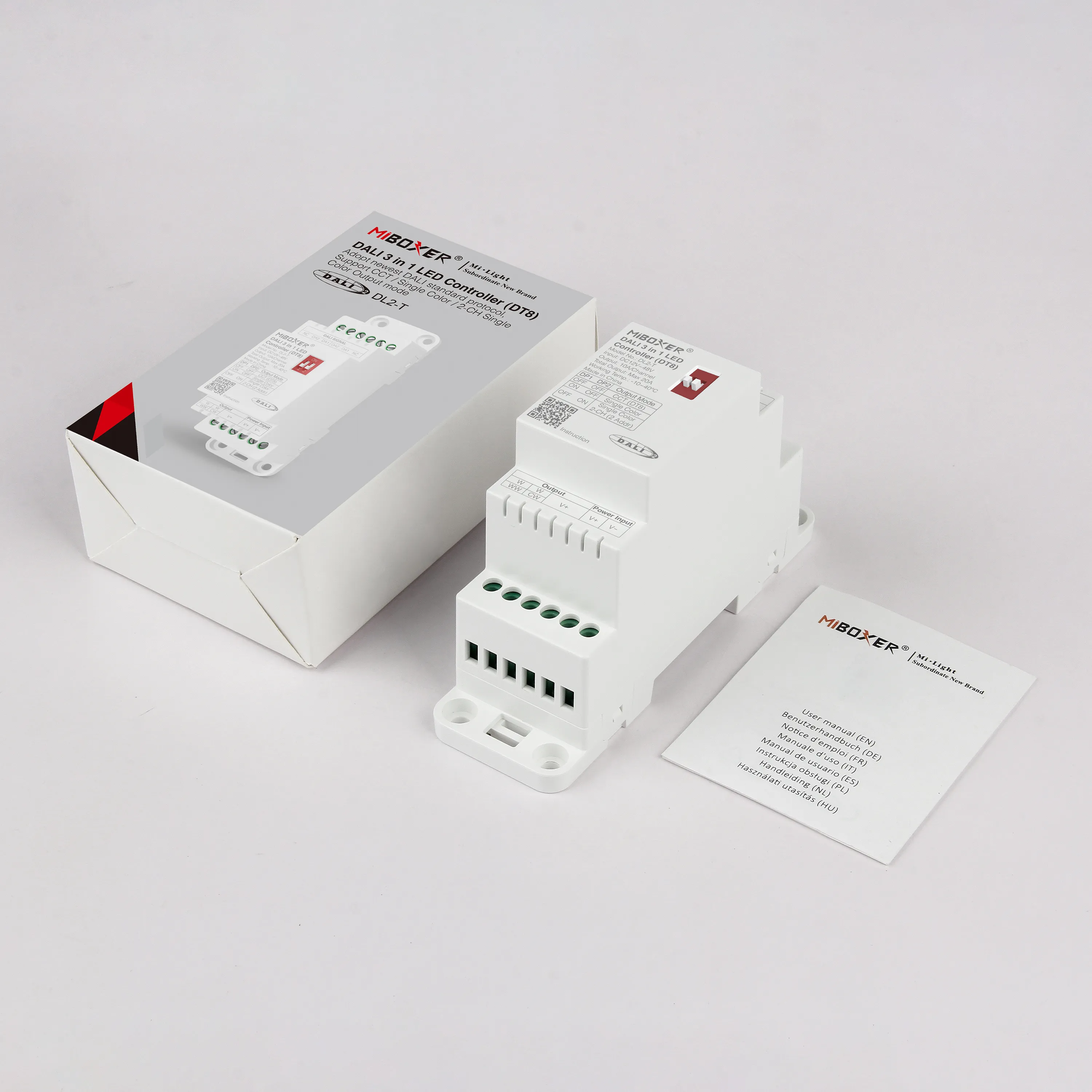Lieferumfang MiBoxer DL2-T: DALI Controller, Originalverpackung und mehrsprachige Anleitung