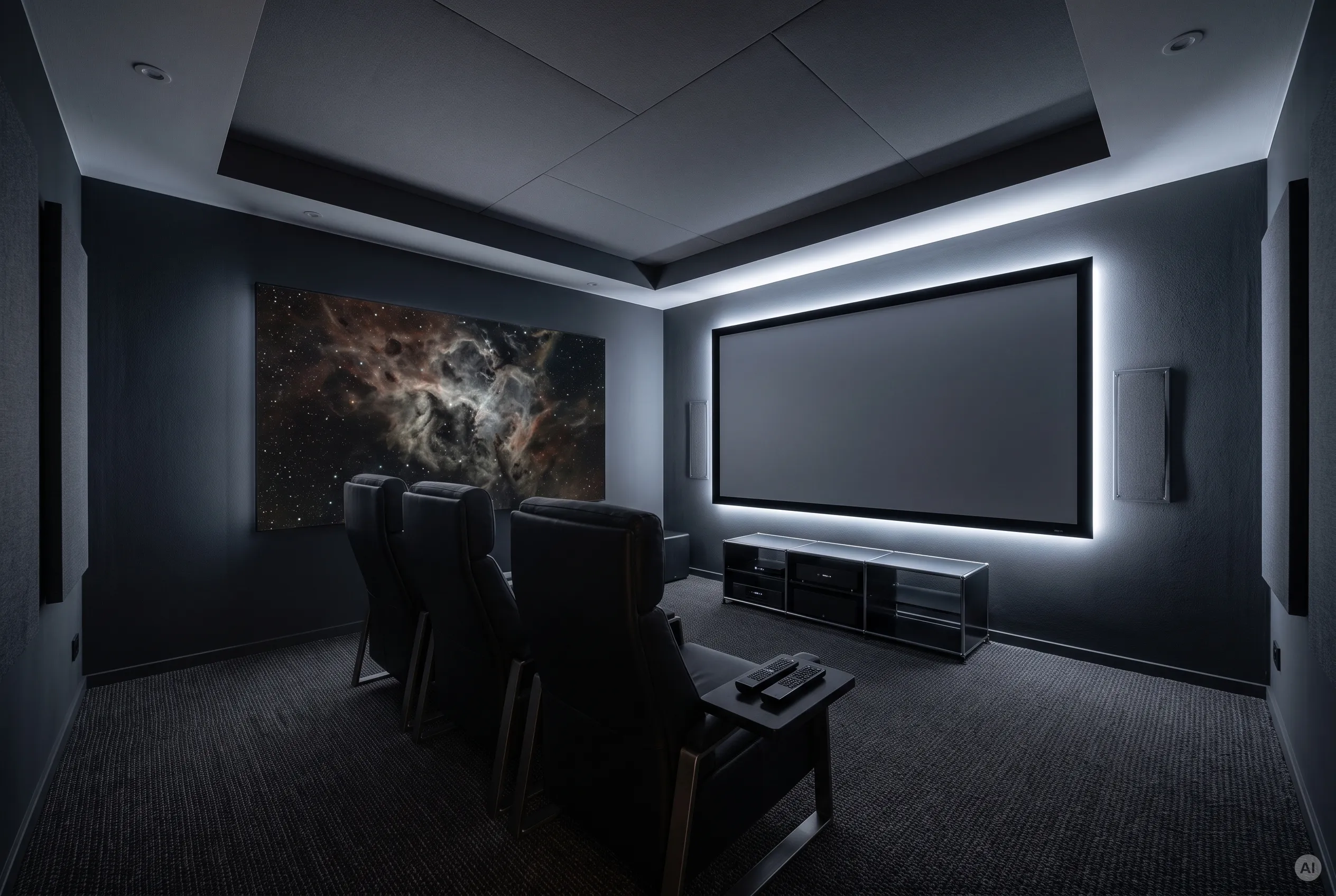 Dunkles Heimkino mit tageslichtweißer LED-Leinwand-Hintergrundbeleuchtung Kompakter privater Medienraum mit dunklen Wänden, schwarzen Kinosesseln und 6500K LED-Bias-Lighting hinter der Projektionsleinwand.