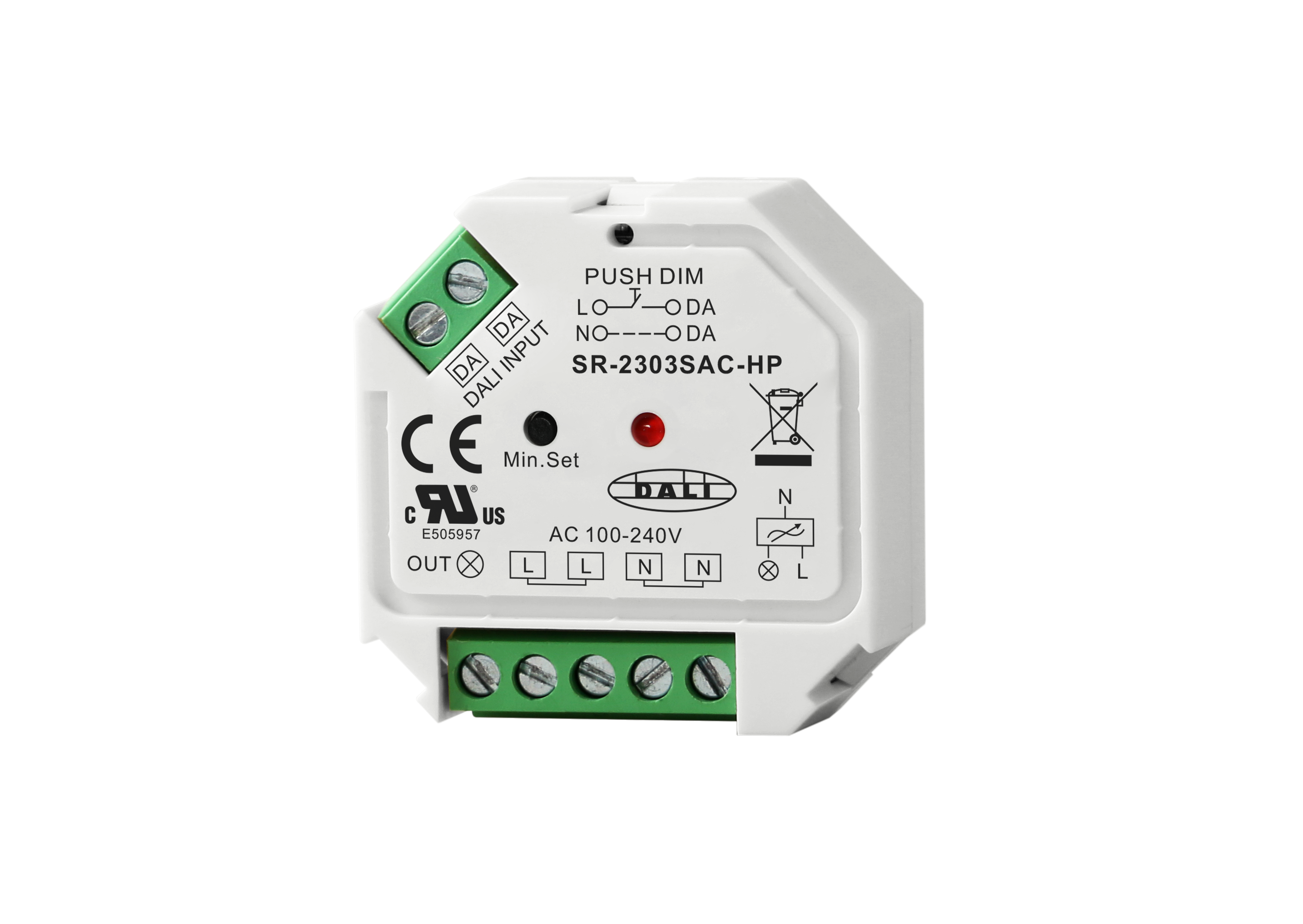 SR-2303SAC-HP DALI & Push Dimmer – 1-Kanal Phasenabschnittdimmer, 100–240 V, 400 W, Mini-Gehäuse