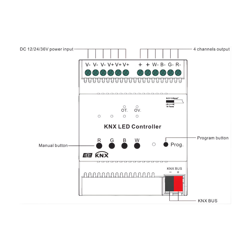 KNX LED-Dimmer SR-KNX 9511FA– 4-Kanal Konstantspannung (12–36 V, je 5 A) zur Hutschienenmontage für RGBW-Streifen