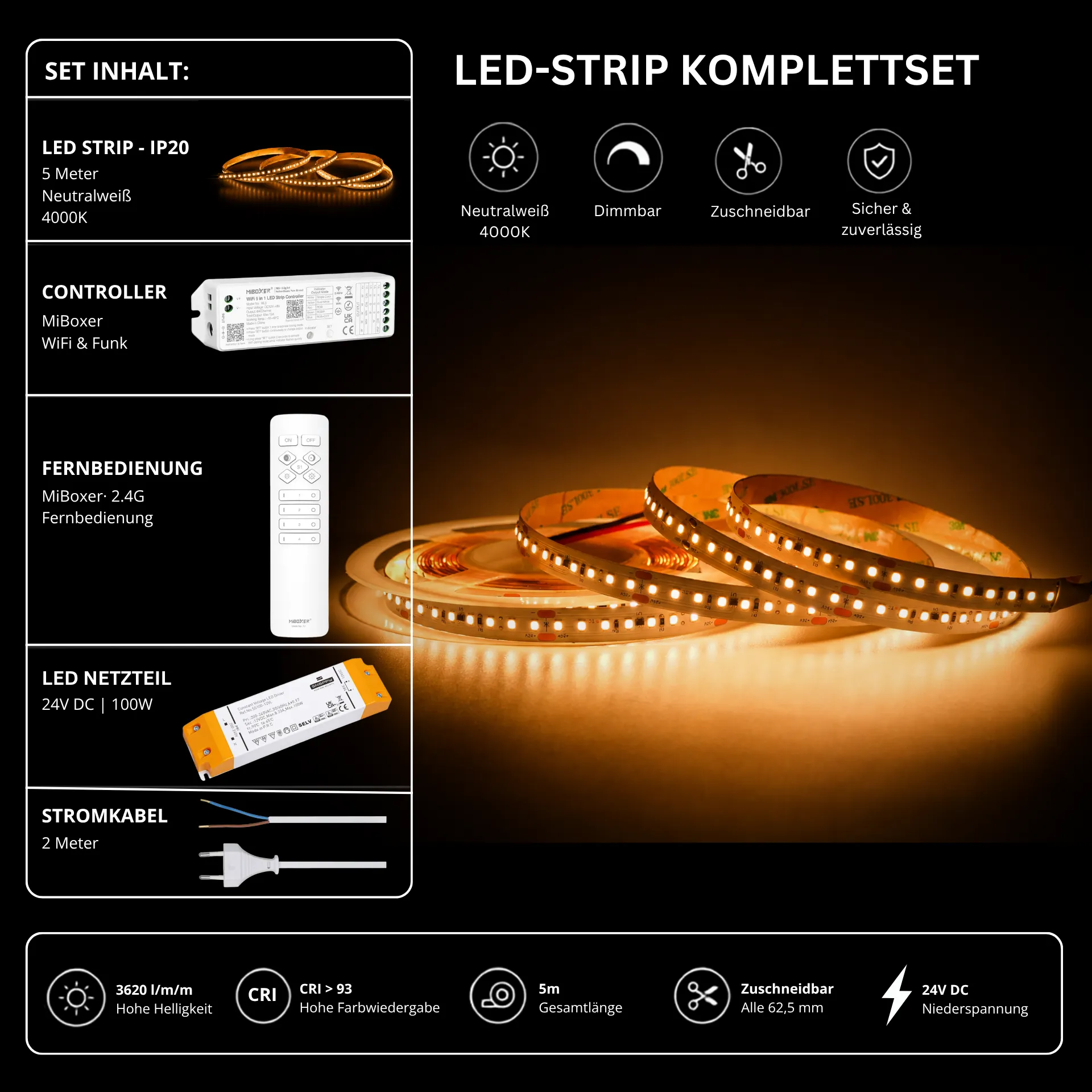 LED Streifen Set High Power Neutralweiß 4000K – SMD LED Streifen 24V, 22 W/m, 3620 lm/m, 5m – SS150 Netzteil, WL5 WiFi Controller &amp; C1 Fernbedienung Weiß