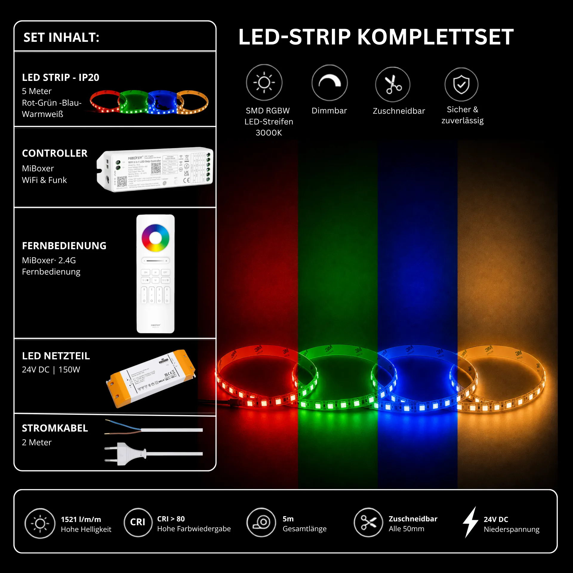 LED Streifen Set RGBW – SMD LED Streifen 24V, 4-in-1, 19,2 W/m, 5m, RGB + Warmweiß 3000K – SS150 Netzteil, WL5 WiFi Controller & C5 Fernbedienung Weiß