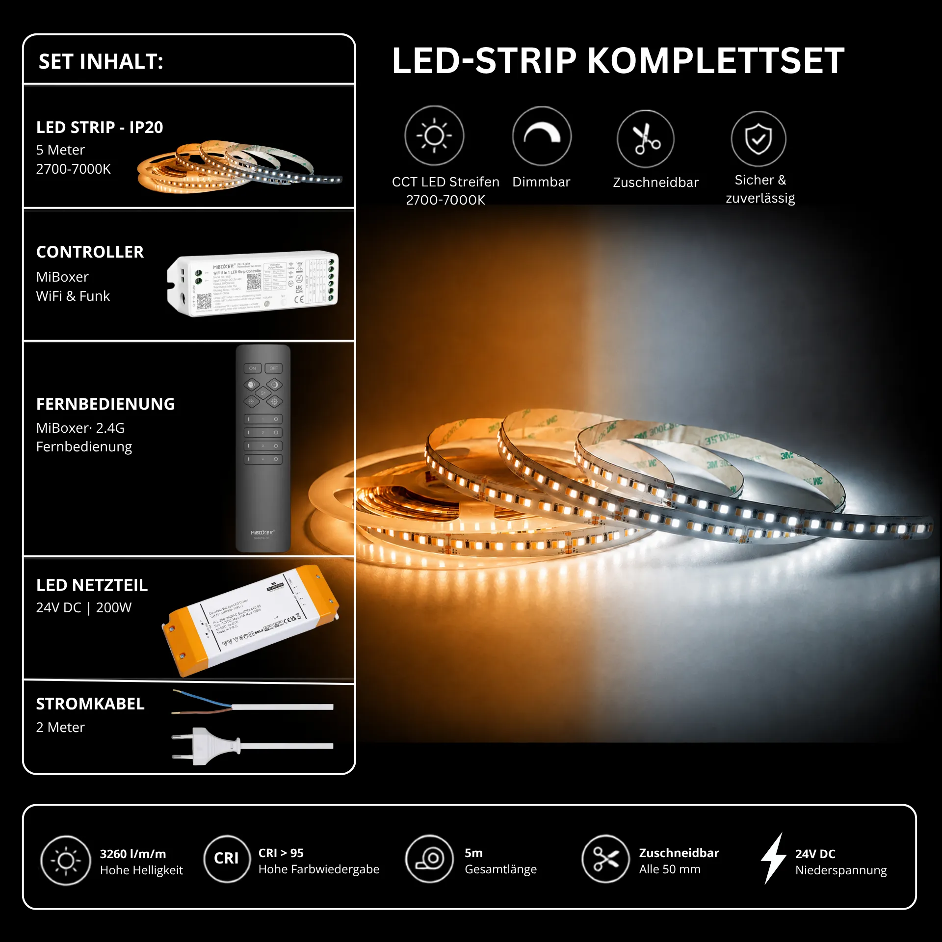 LED Streifen Set Tunable White – CCT LED Streifen 24V, 240 LEDs/m, 29 W/m, 5m, 2700-7000K, CRI 95 – SNP-200 Netzteil, WL5 WiFi Controller & C1 Fernbedienung Schwarz