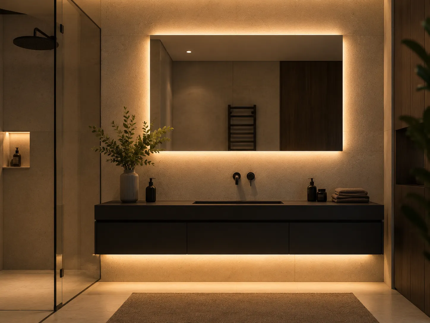 Modernes Badezimmer mit indirekter LED Beleuchtung hinter Spiegel und Waschtisch