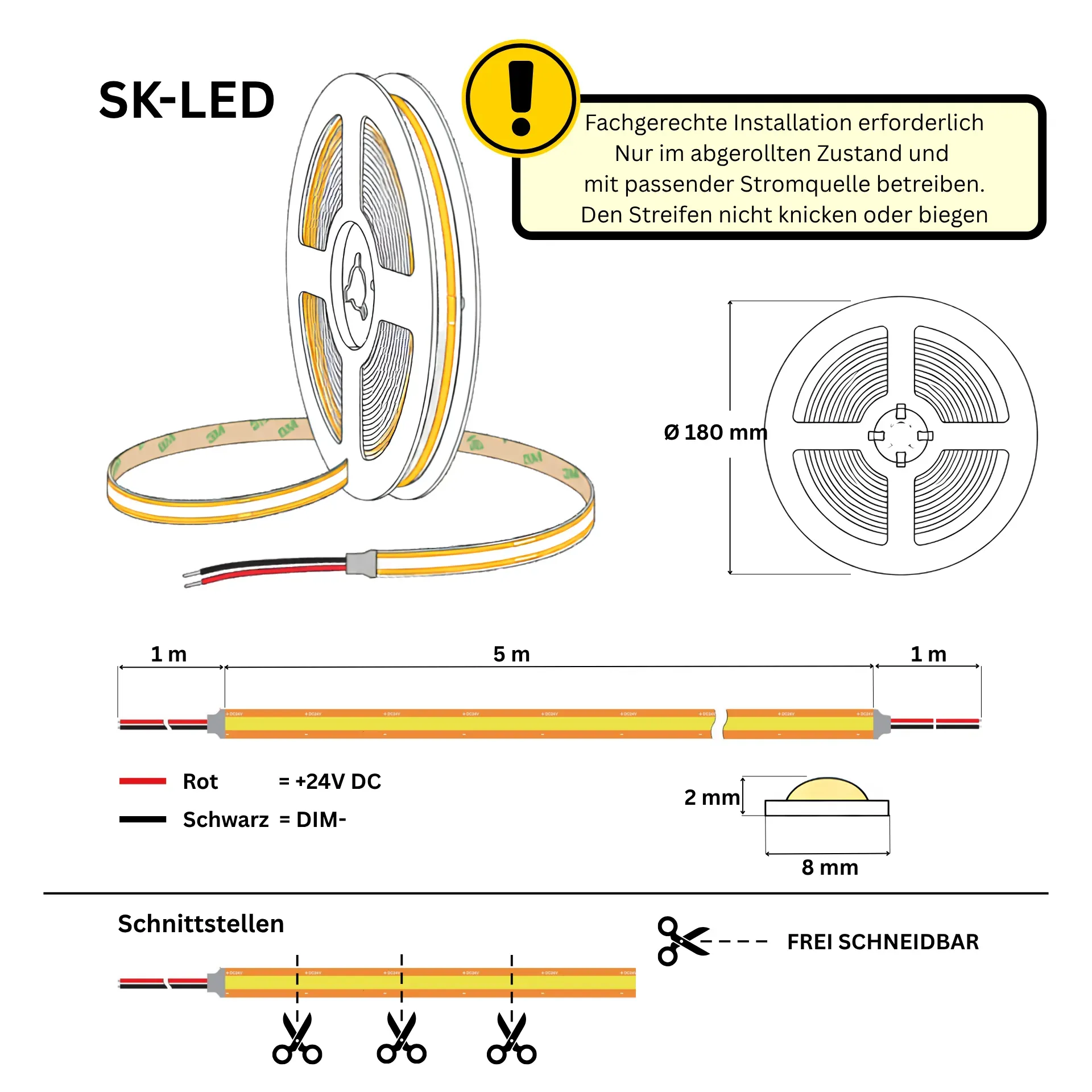 COB Free Cut LED Streifen 8 mm – technische Daten Technische Zeichnung COB Free Cut LED Streifen 8 mm, 24V, 5 m, mit Schnittabständen und Anschlussbelegung