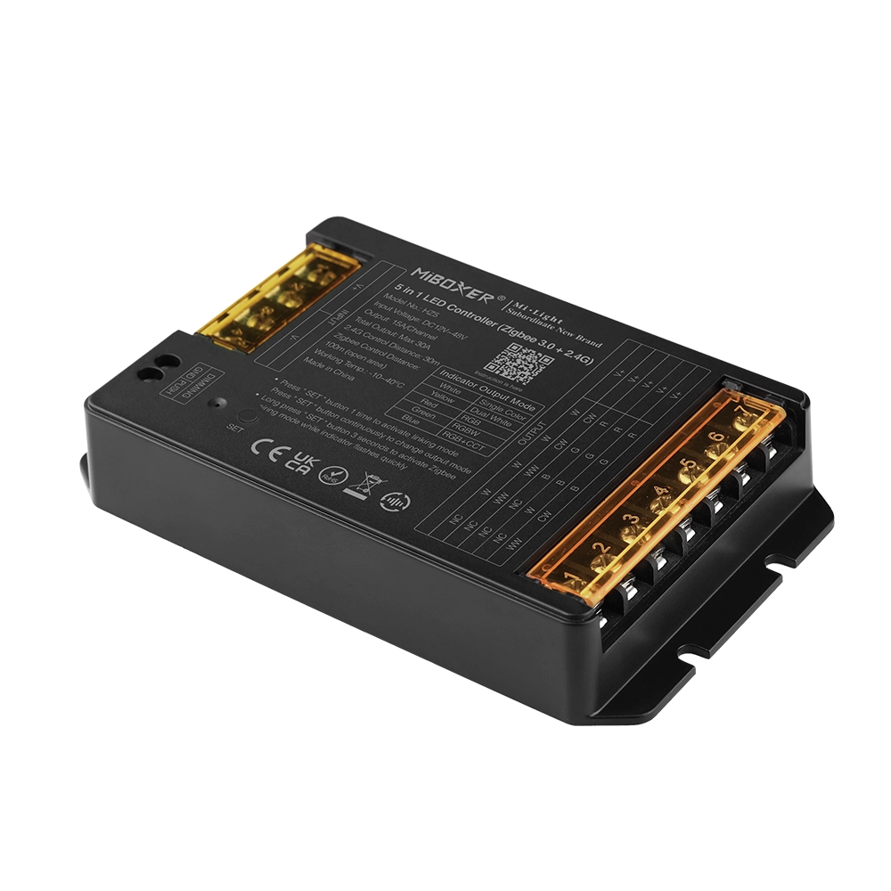 MiBoxer HZ5 LED Controller Anschlussseite – 5-Kanal Schraubklemmen für Eingang 12–48V und Ausgang RGB, RGBW, RGBCCT, CCT oder einfarbige LED Streifen, Zigbee 3.0 Empfänger