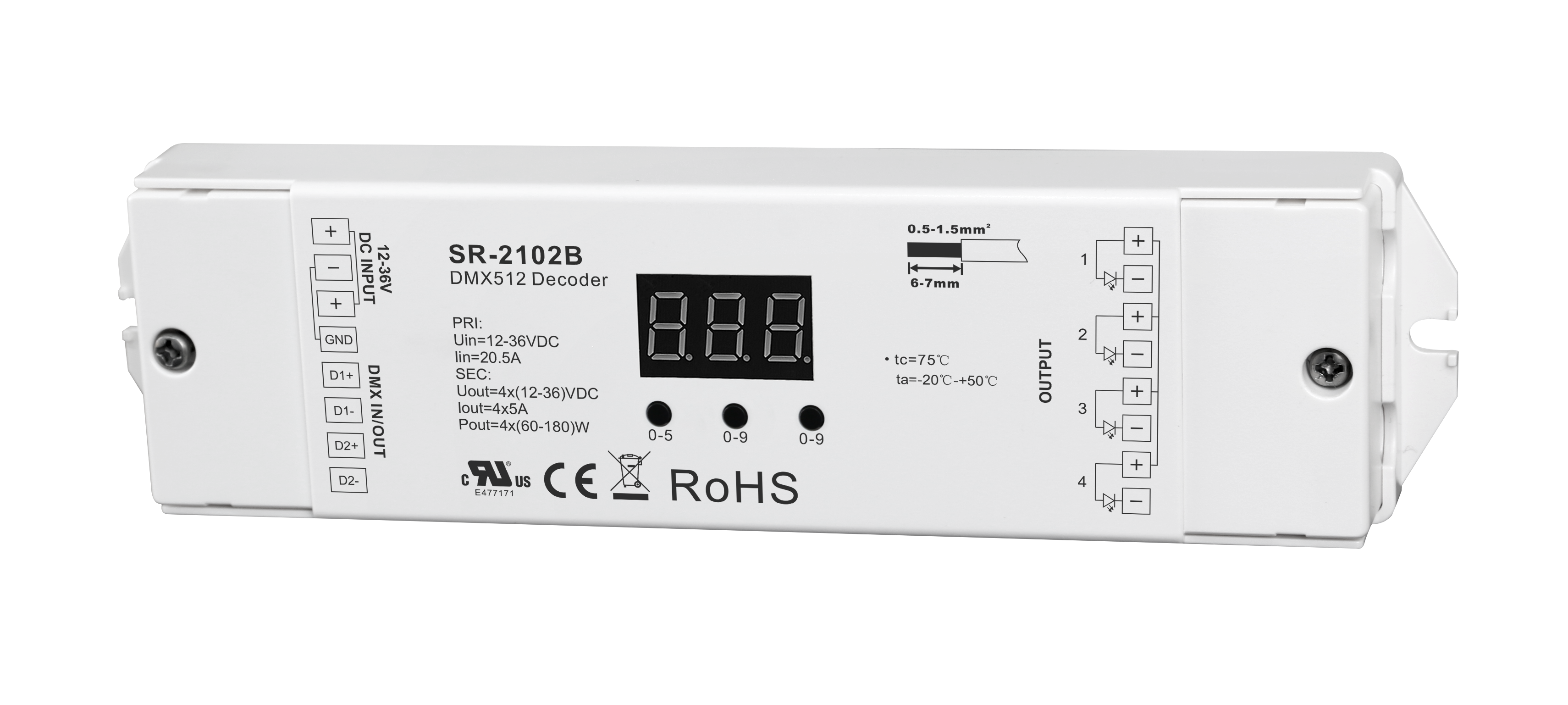SR-2102B 4-Kanal DMX512 Decoder für RGBW LED-Streifen 12-48V DC SR-2102B DMX512 RGBW LED Decoder 4-Kanal 12-48V DC mit Display und Schraubklemmen