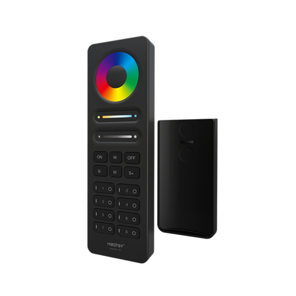 MiBoxer C8 schwarze LED Remote Control für RGB+CCT Strips, 2.4GHz Wireless Dimmer mit Touch-Farbrad, 8-Zonen-Steuerung, Modustaste und Wandhalterung.