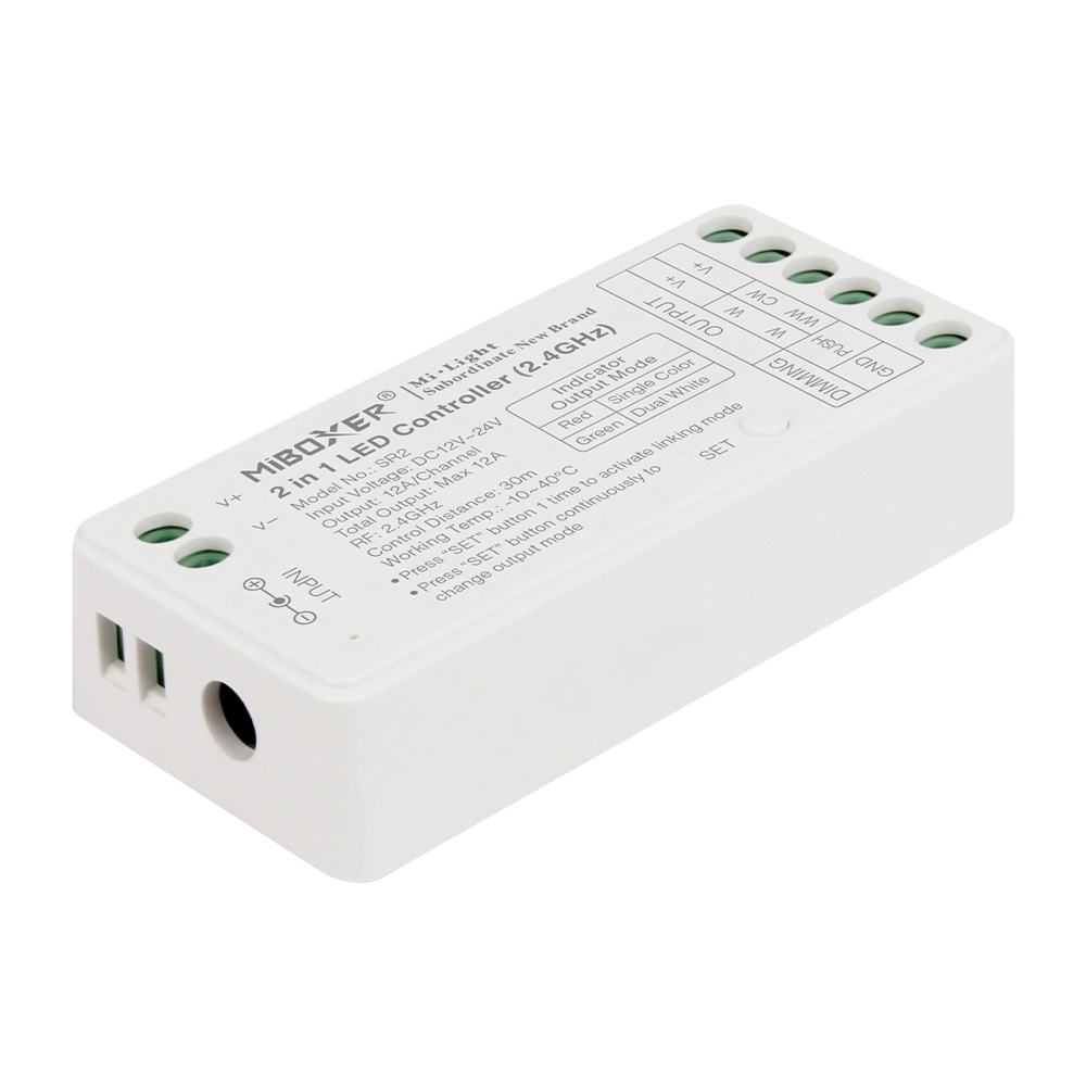 MiBoxer SR2 LED Controller Anschlussseite – 2-Kanal Schraubklemmen für Eingang 12–24V und Ausgang einfarbig oder CCT LED Streifen, Push Dimming Eingang
