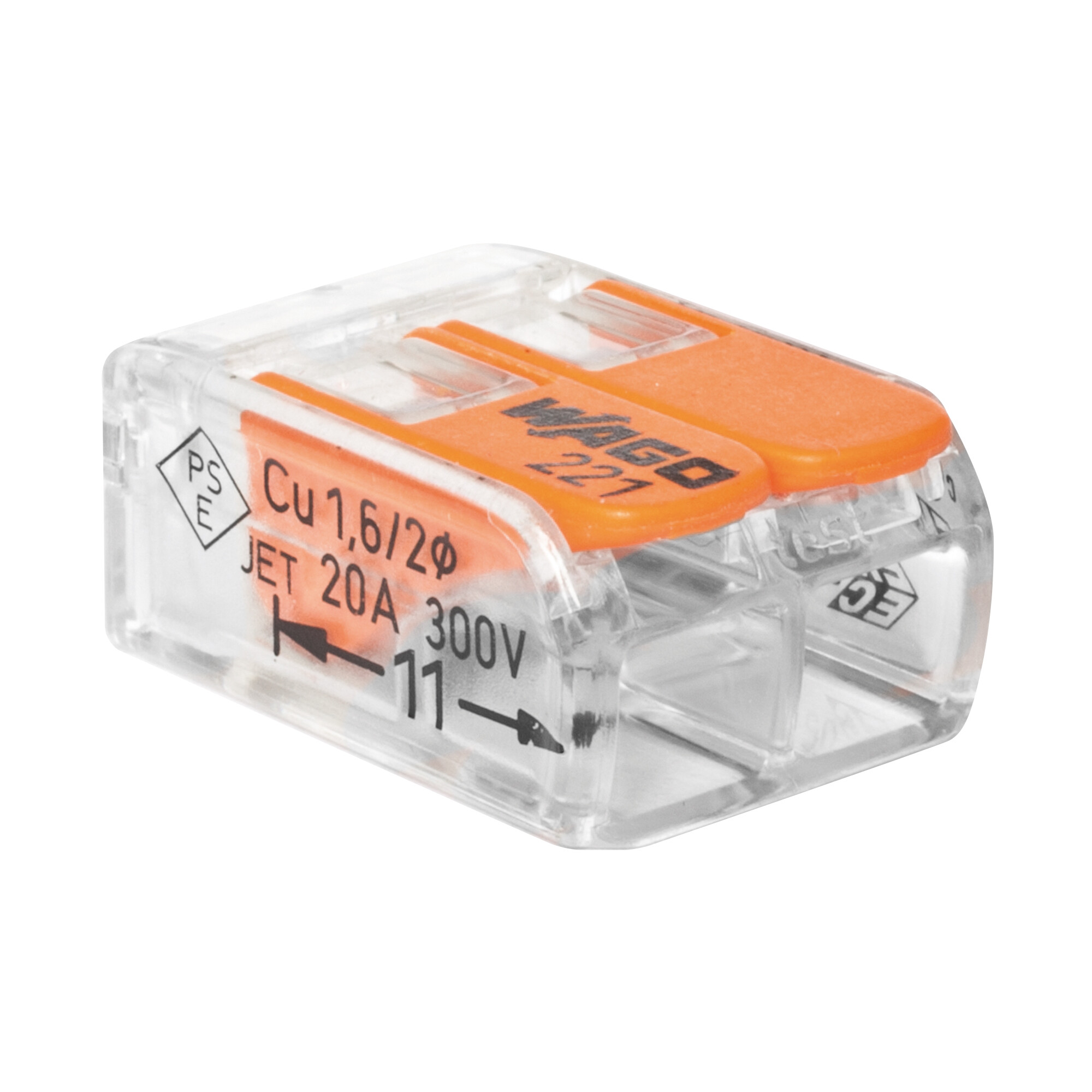 WAGO 221-412 COMPACT Verbindungsklemme – 2-polig, transparent, für 0,02–4 mm² Leiter, 450 V / 32 A, werkzeuglose Hebelmontage