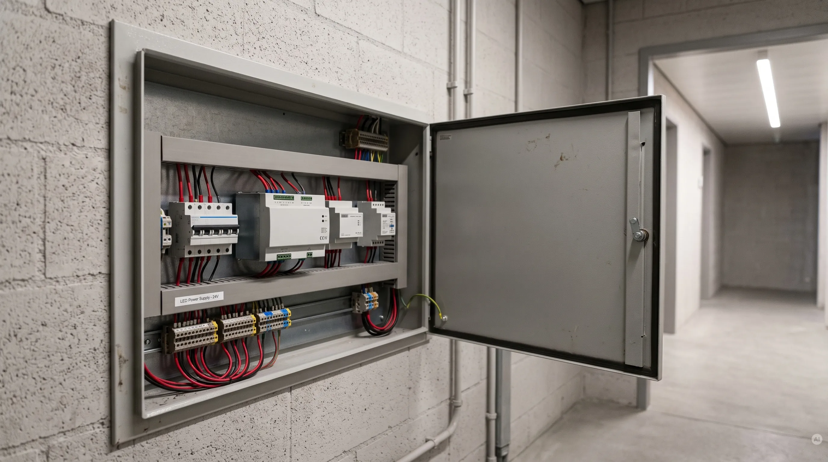 Geöffneter Wand-Schaltschrank mit montierten 24V-LED-Trafos, Hutschienen-Komponenten und professioneller Verdrahtung.