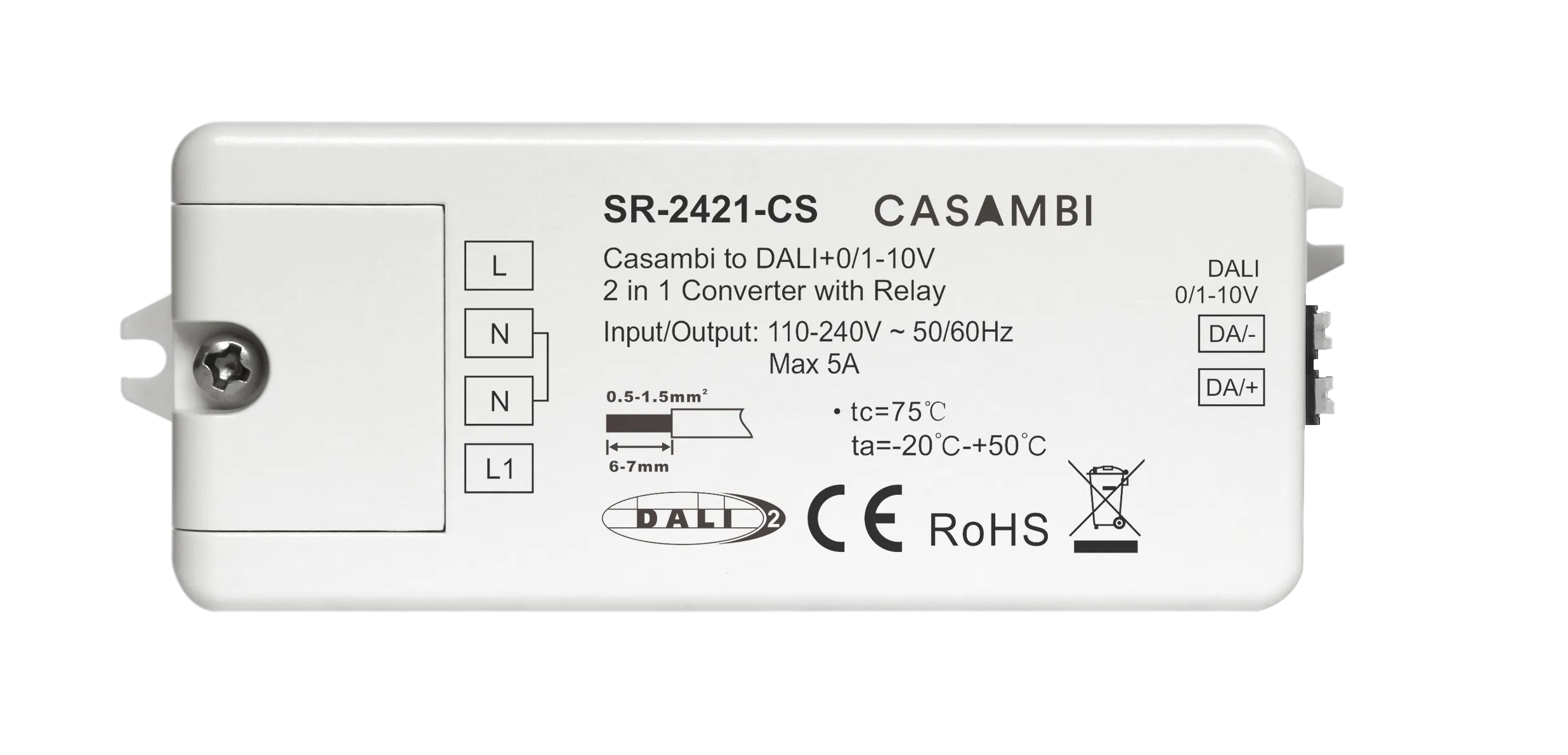 SR-2421-CS Casambi DALI Gateway 2-in-1, Bluetooth Mesh zu DALI & 0-10V, 230V AC, integriertes DALI Bus Netzteil, mit Relais