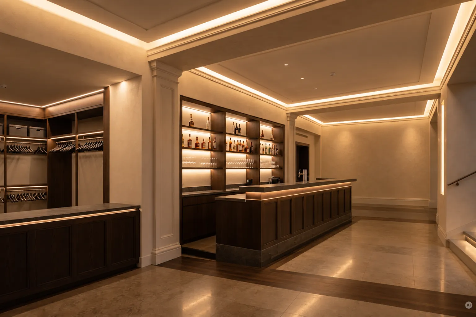 Professionelle LED-Innenbeleuchtung mit indirektem Voutenlicht an der Decke und beleuchteten Bar-Regalen.