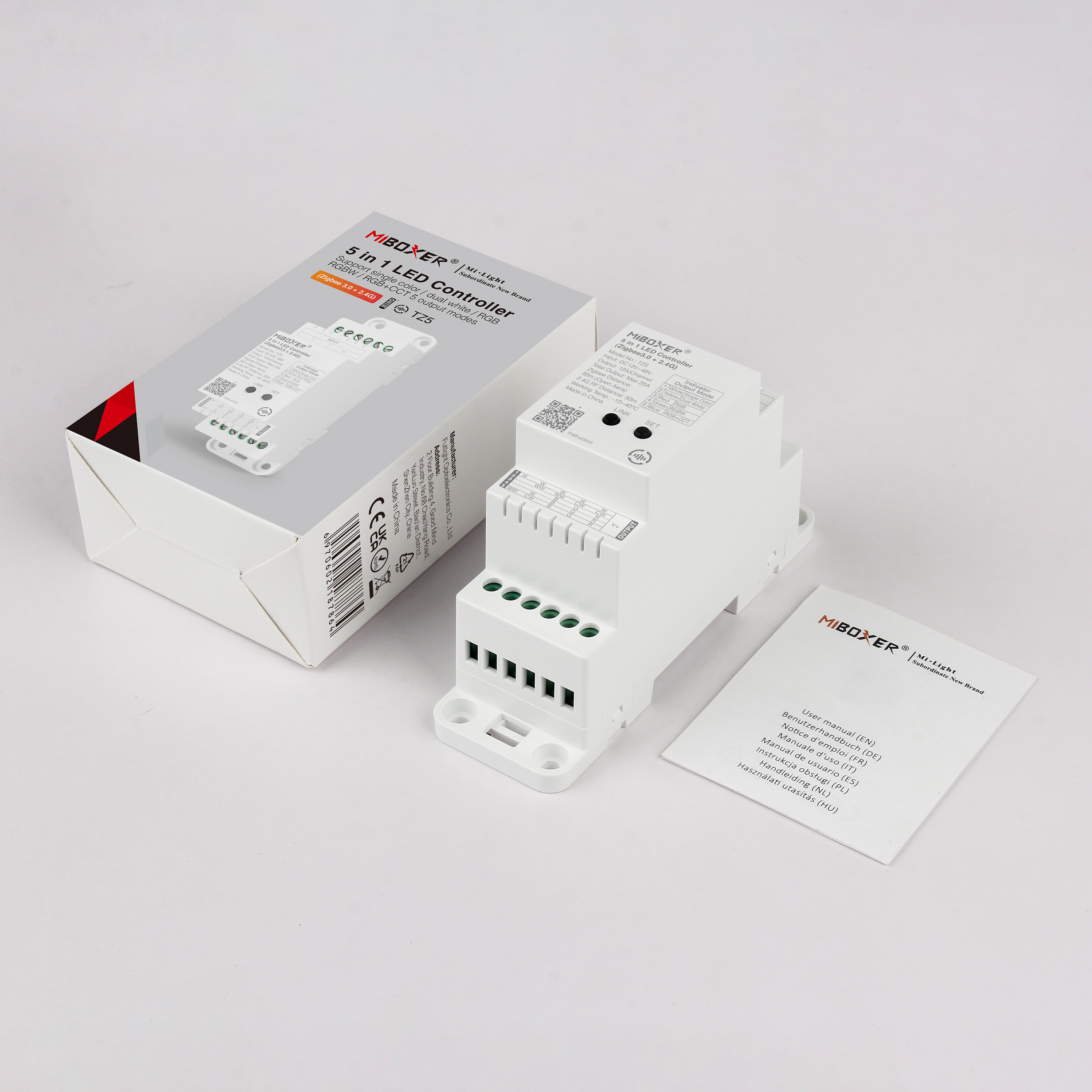 MiBoxer TZ5 LED-Controller mit Verpackung und Zubehör Art. 23003 MiBoxer TZ5 2-in-1 LED-Controller für Hutschiene mit Verpackung und Zubehör Zigbee 3.0 und 2.4 GHz Art. 23003
