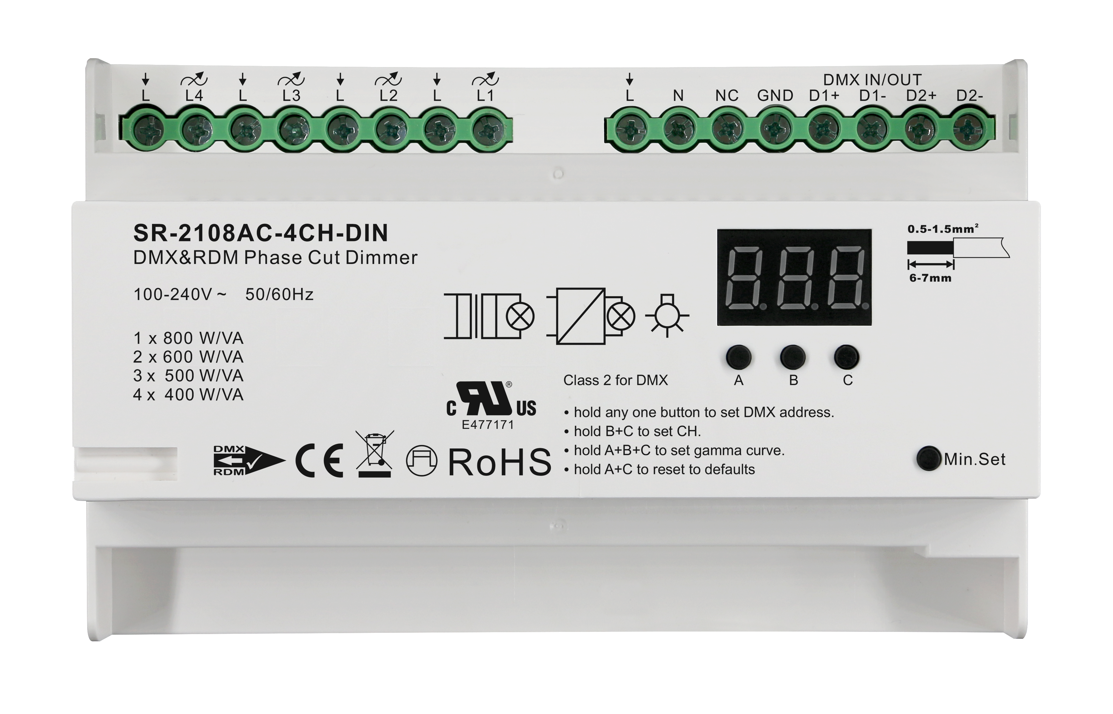 SR-2108AC-4CH-DIN DMX512 AC Triac Dimmer – 4-Kanal Phasenabschnitt-Dimmer für 100–240 V, Hutschiene