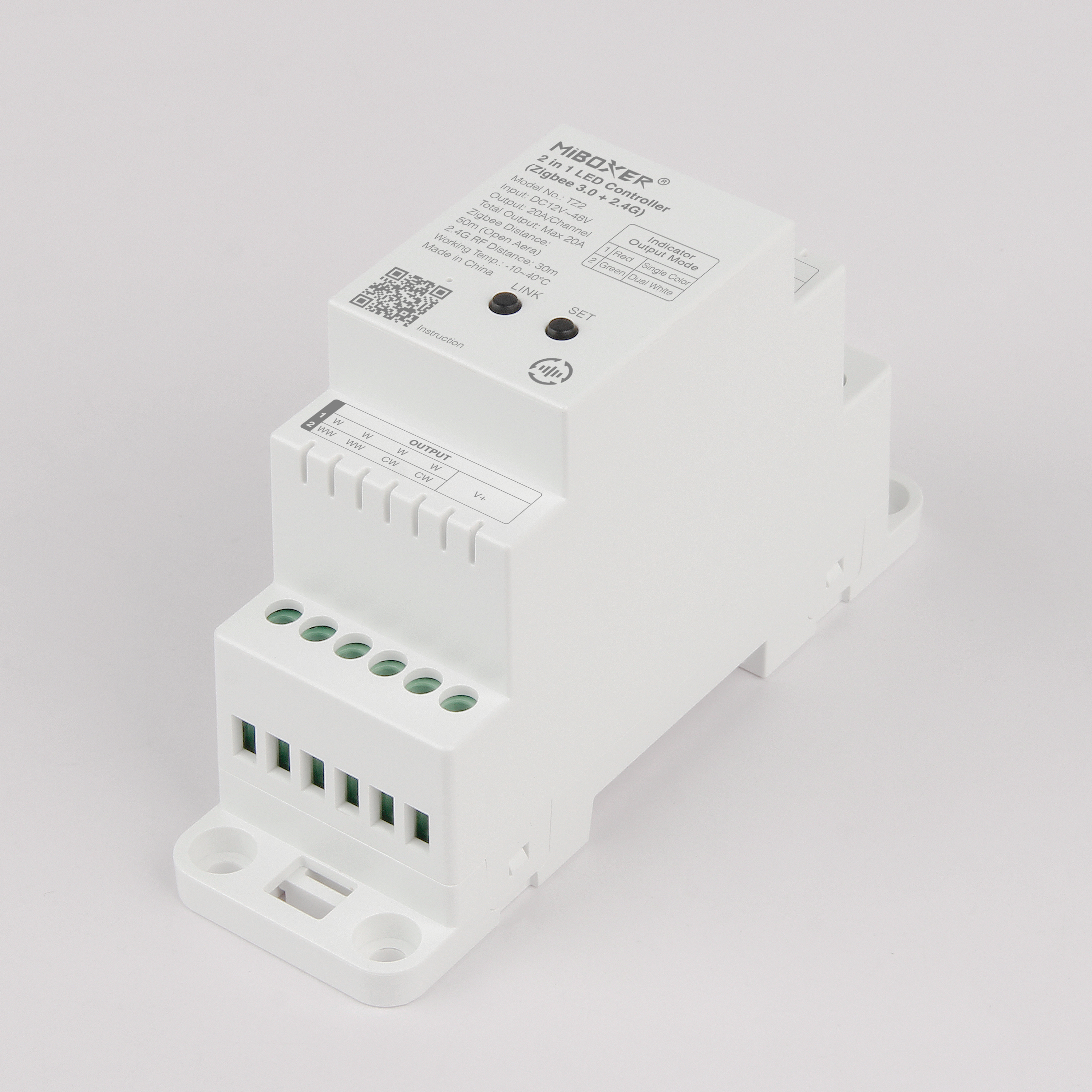 MiBoxer TZ2 2-in-1 LED-Controller für Hutschiene in Seitenansicht für einfarbige und CCT LED-Streifen 12–48 V Art. 23002