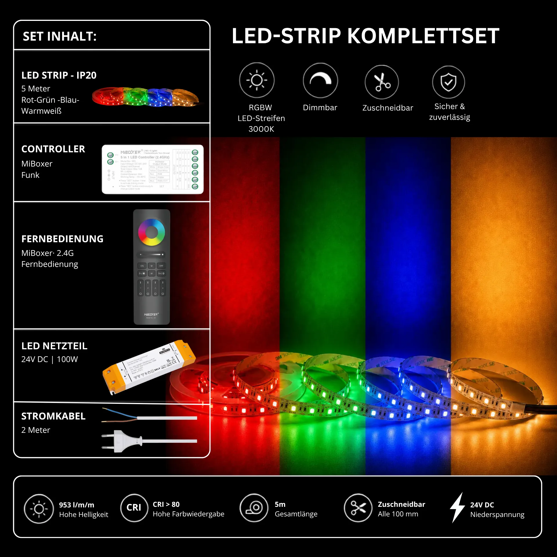 LED Streifen Set RGBW – SMD LED Streifen 24V, 60 LEDs/m, 4-in-1, 18 W/m, 953 lm/m, 5m, RGB + Warmweiß 3000K, CRI 80 – SS100 Netzteil, SR5 Funk-Controller & C5 Fernbedienung Schwarz