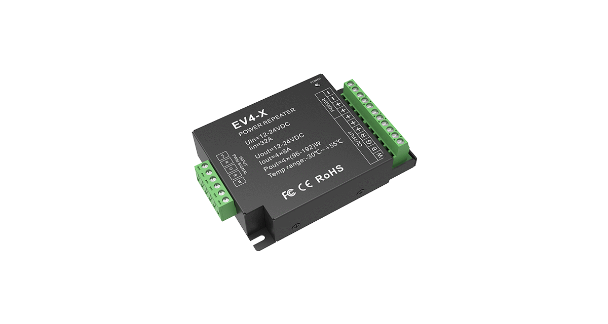 EV4-X 4-Kanal PWM Signalverstärker LED Repeater – 12–24V DC, 4x8A Gesamtlast 32A, kompatibel mit RGB, RGBW, CCT und einfarbigen LED Streifen sowie DMX, DALI, Zigbee und Funksteuerung