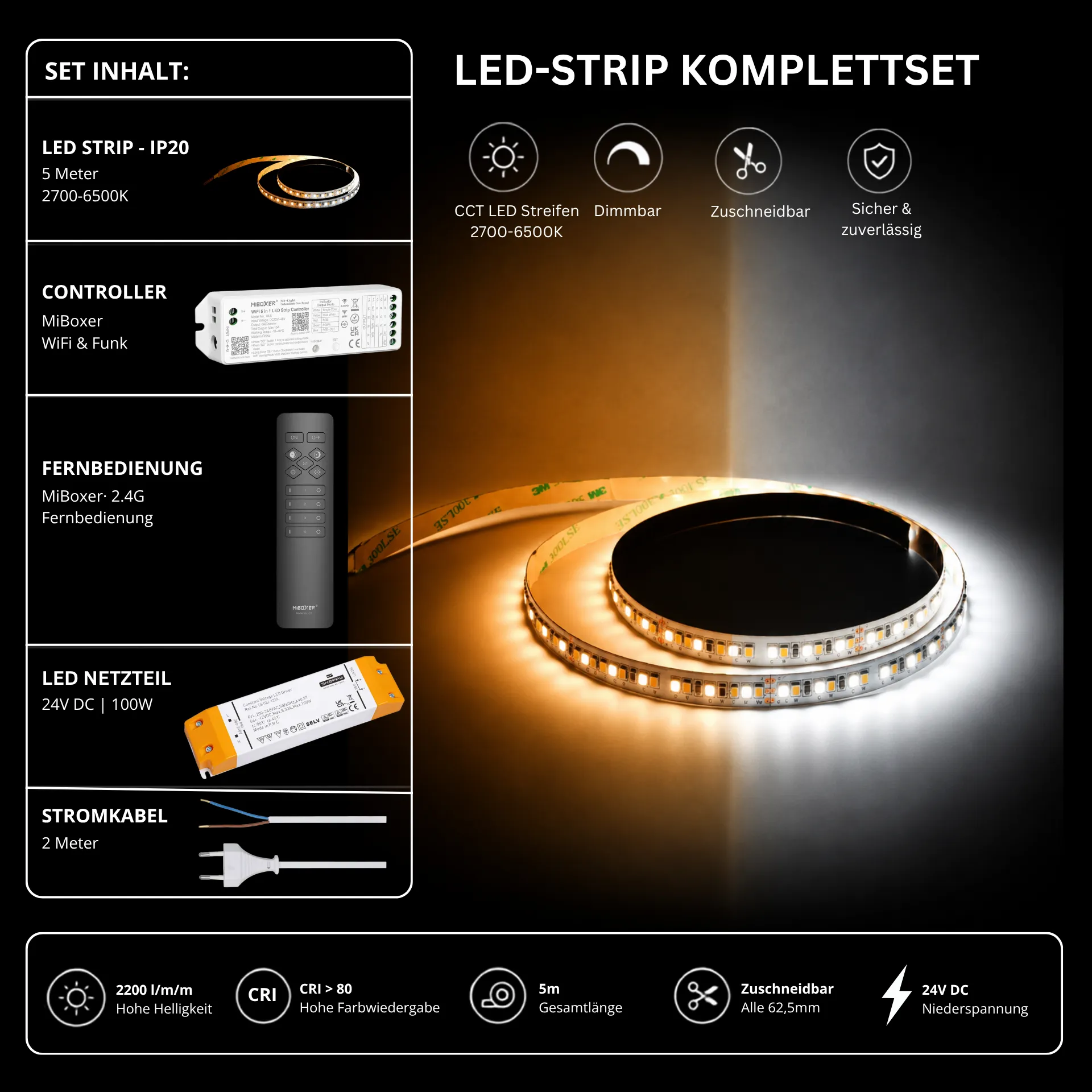 LED Streifen Set CCT IP20 – SMD LED Streifen 24V, 16 W/m, 2200 lm/m, 5m, 2700-6500K – SS100 Netzteil, WL5 WiFi Controller & C1 Fernbedienung Schwarz