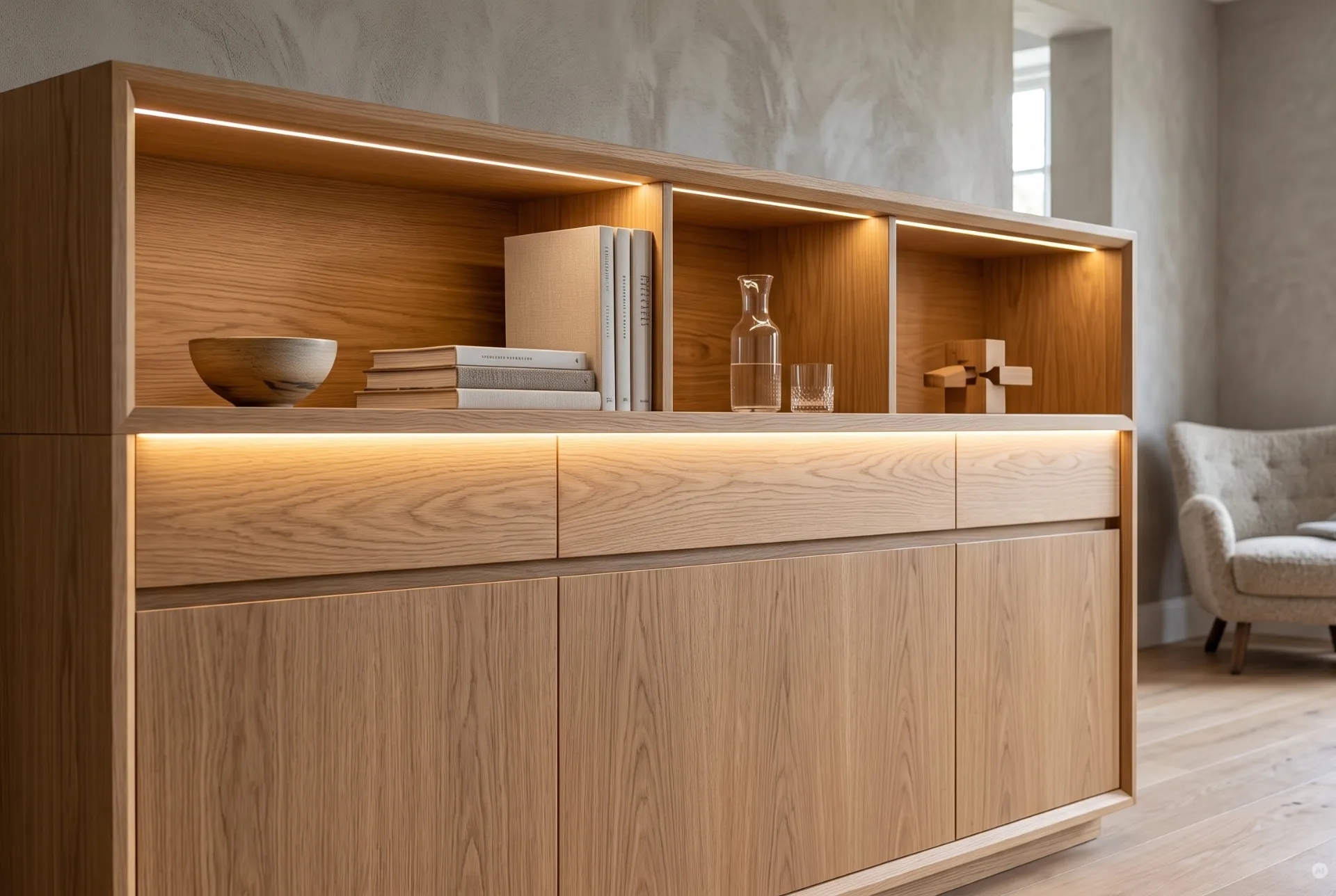 Eichenholz-Sideboard mit eingelassener LED-Lichtleiste in den Fachböden und indirekt beleuchteter Schattenfuge.
