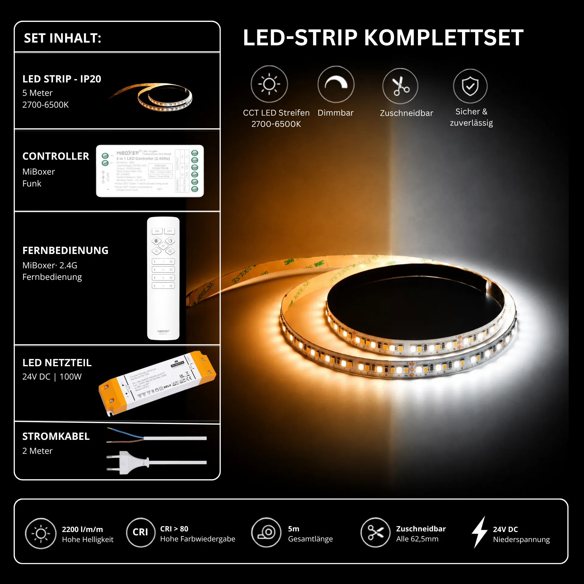 LED Streifen Set CCT IP20 – SMD LED Streifen 24V, 16 W/m, 2200 lm/m, 5m, 2700-6500K – SS100 Netzteil, SR2 Funk-Controller & C1 Fernbedienung Weiß
