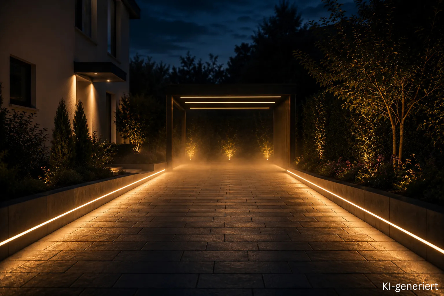 Beleuchtete Einfahrt zum Carport mit LED Streifen als Bodenbeleuchtung
