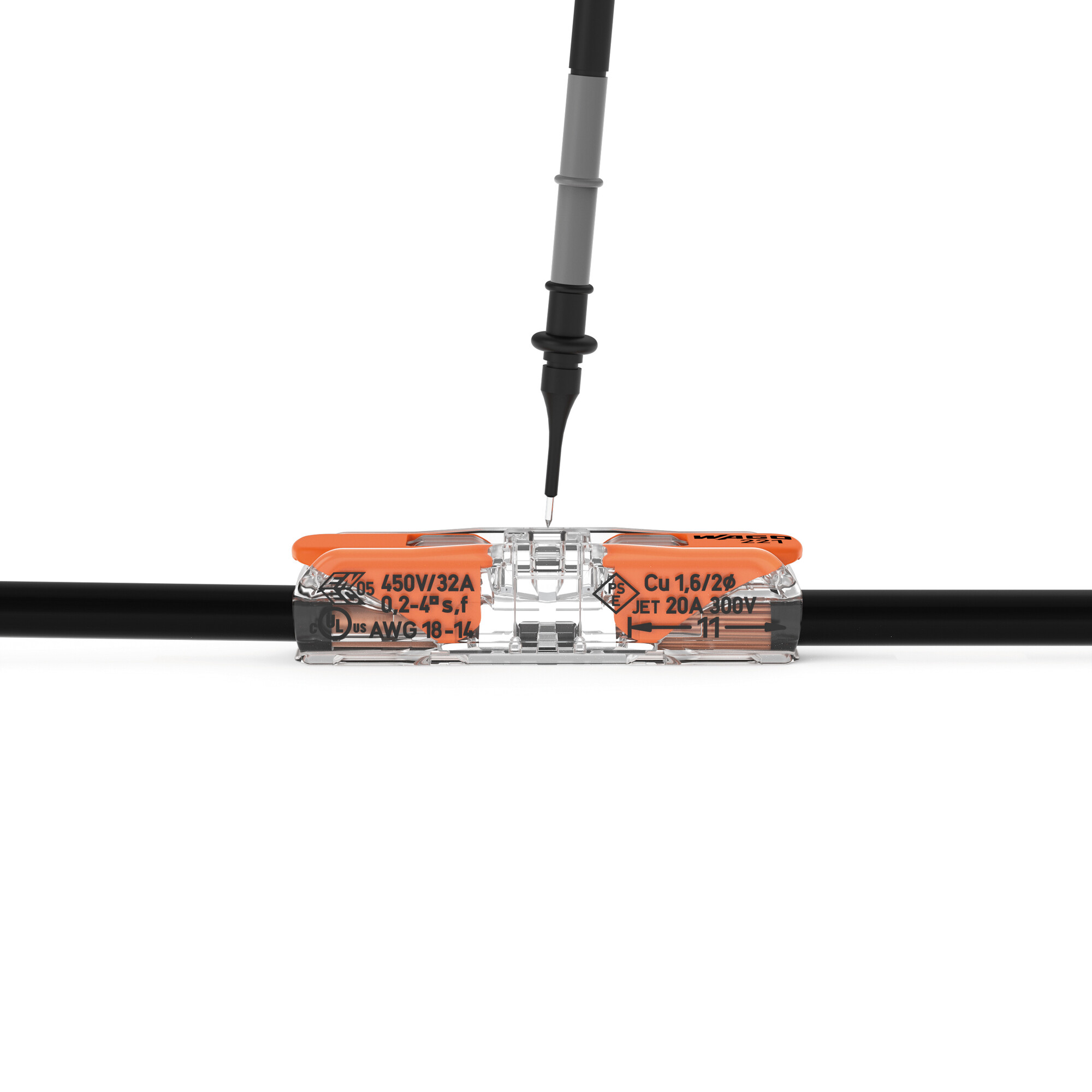 WAGO 221-2411 Hebel-Durchgangsklemme in Perspektivansicht – transparentes Gehäuse zur Sichtkontrolle, wiederverwendbar und werkzeugfrei