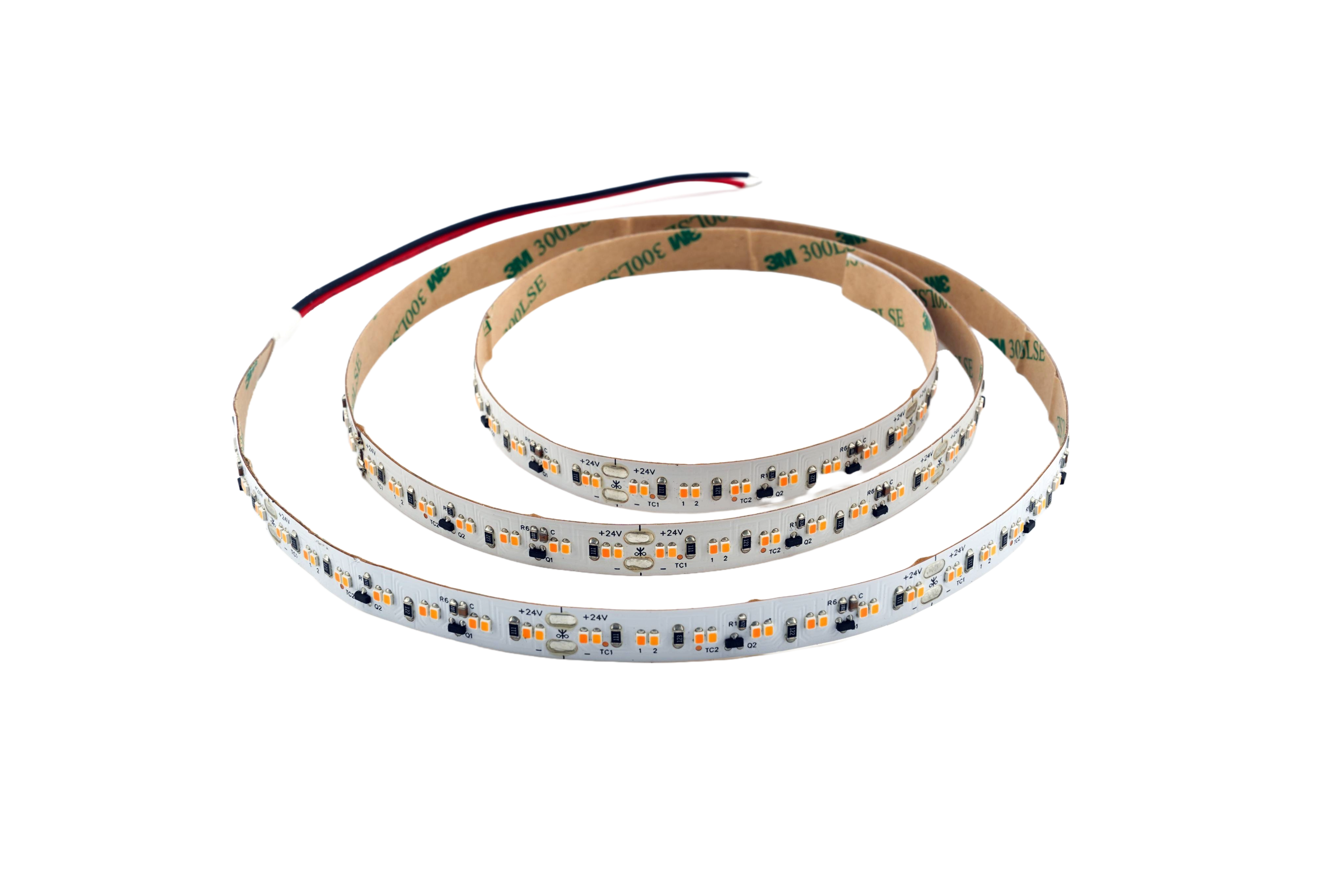 24V Dimm to Warm LED Streifen 1 Kanal mit Anschlusskabel auf Rolle LED Streifen 24V Dimm to Warm einfarbig mit Anschlusskabel und LED Chips aufgerollt