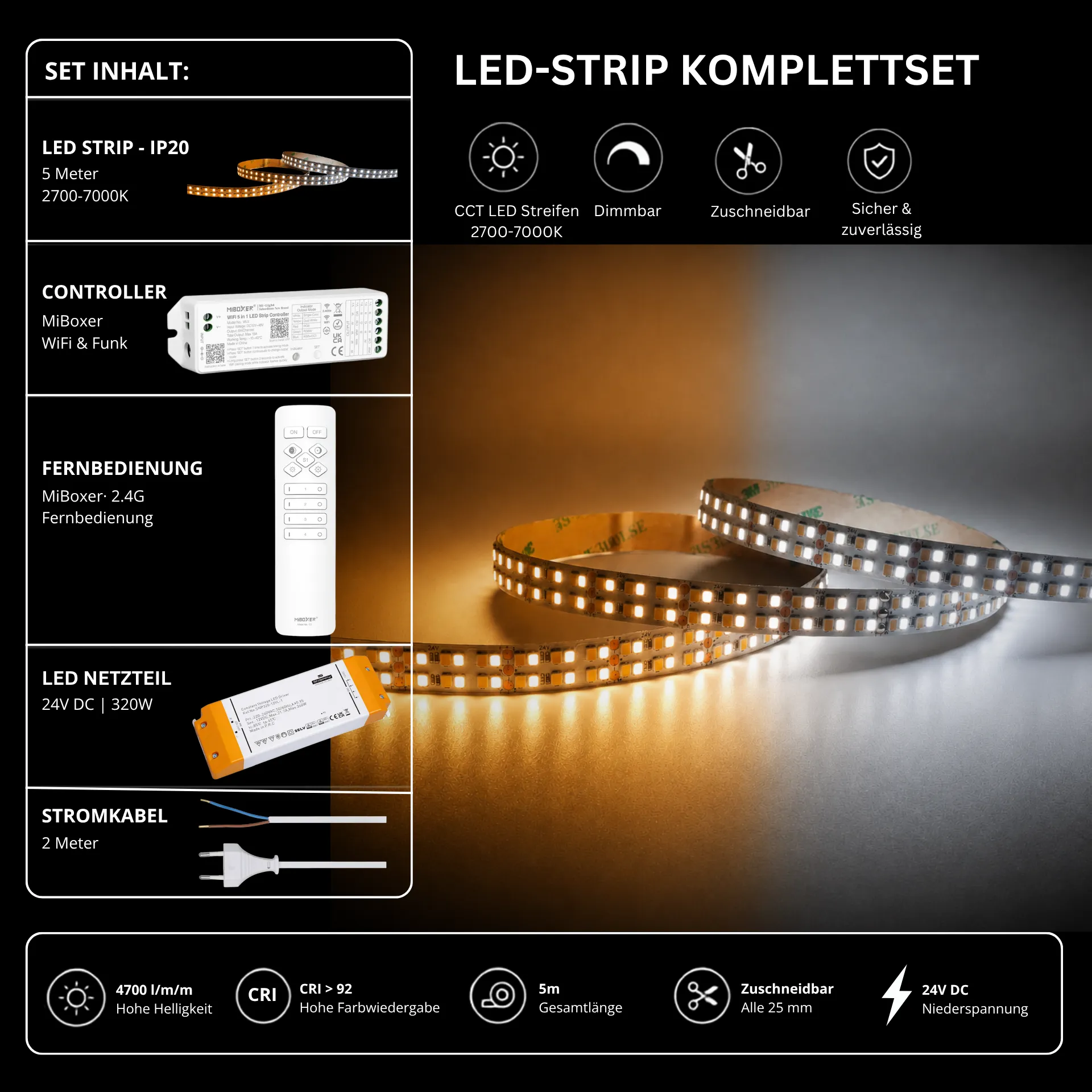 LED Streifen Set CCT High Power – 12 mm CCT LED Streifen 24V, 40 W/m, 4700 lm/m, 5m, 2700K-7000K, CRI 92 – SNP-320 Netzteil, WL5 WiFi Controller & C1 Fernbedienung Weiß