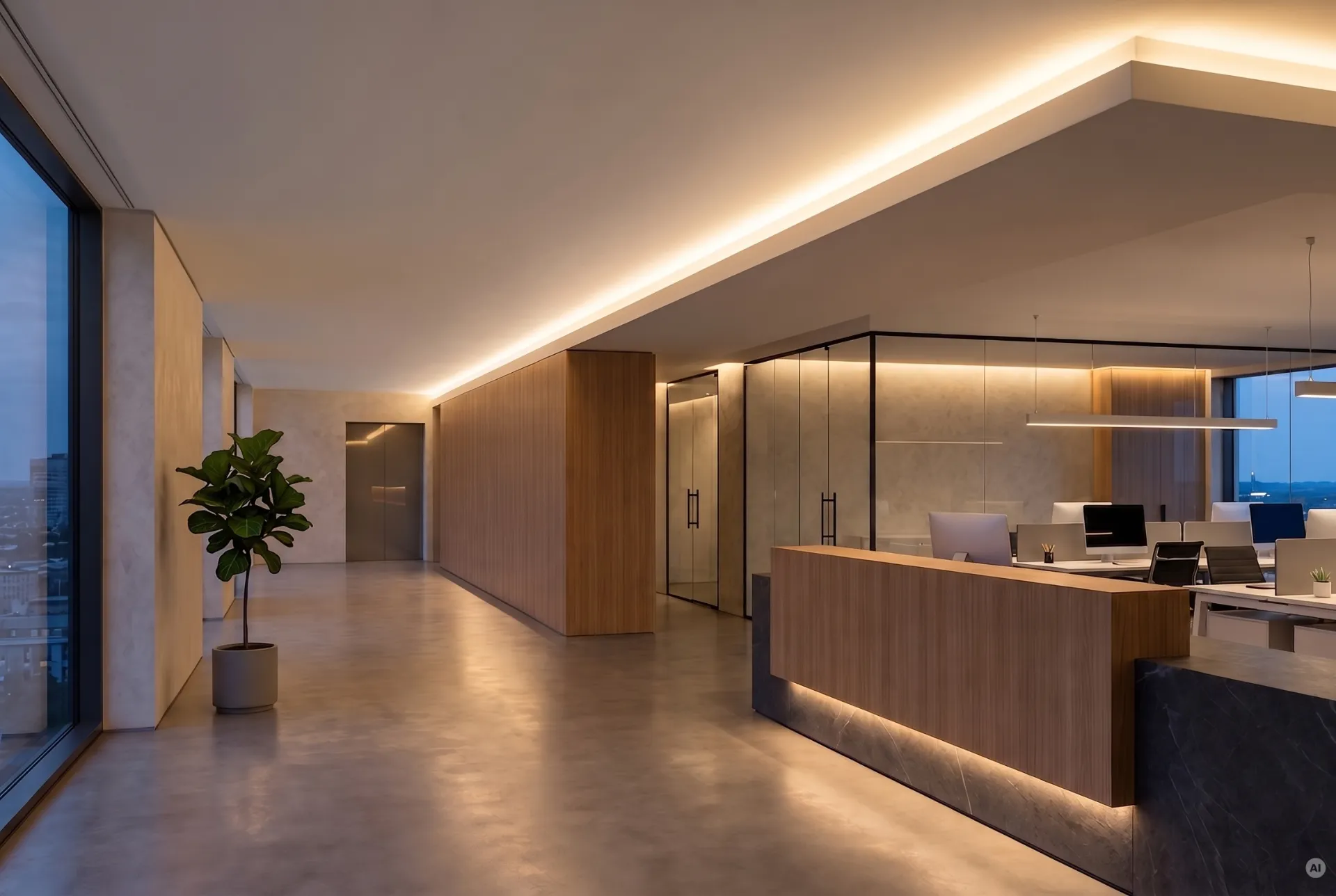 Büro-Empfangsbereich mit abgehängter Decke und integrierter LED-Lichtvoute sowie beleuchteter Empfangstheke aus Holz.