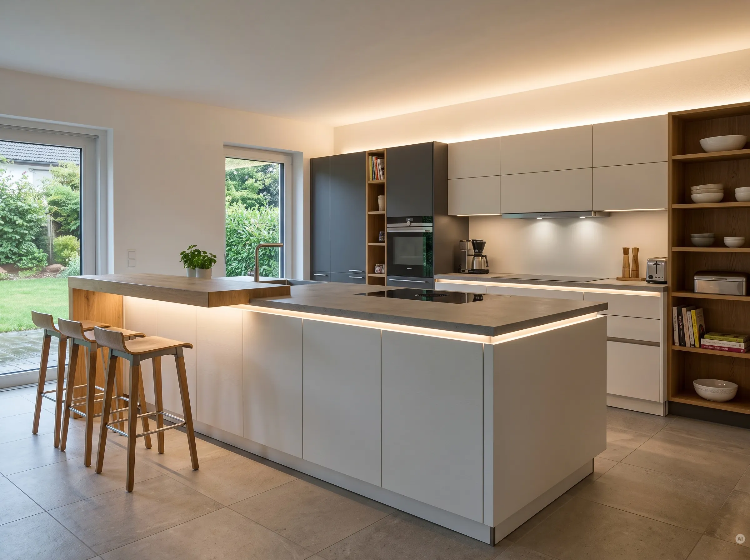 Offene Wohnküche mit integrierter LED-Beleuchtung an der Kücheninsel, unter der Theke und als indirektes Deckenlicht über den Oberschränken.