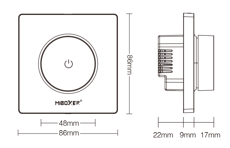 MiBoxer TRI K LED Dimmer technische Zeichnung mit Abmessungen für Wandmontage