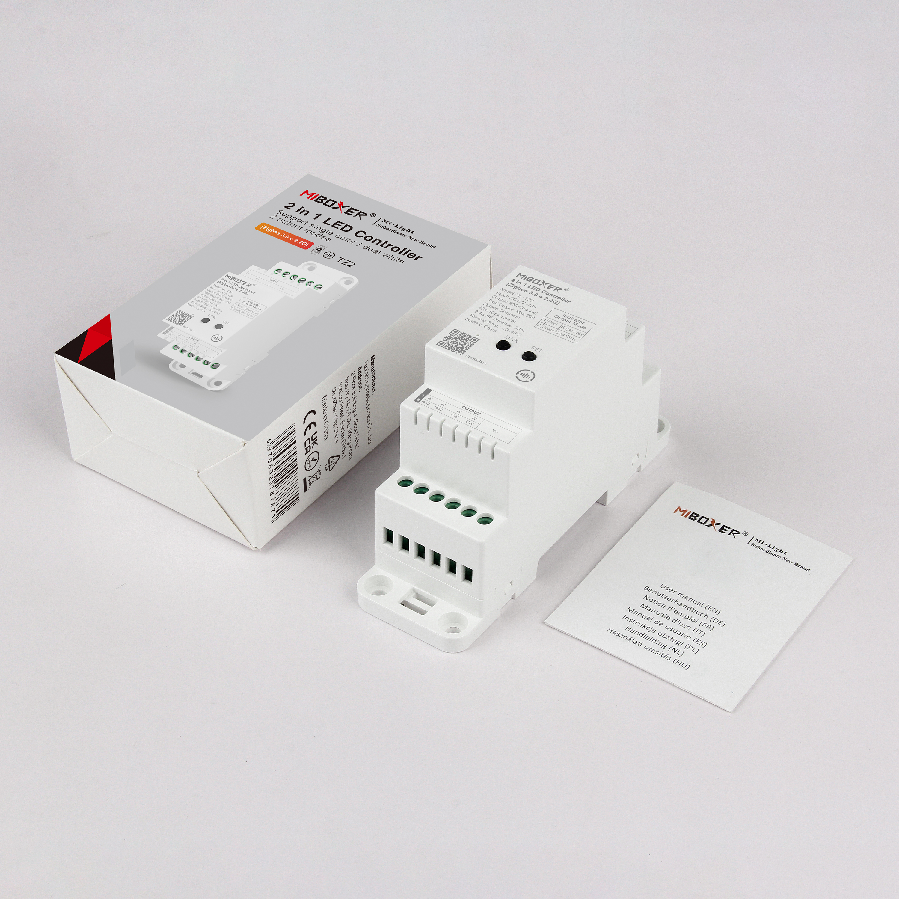 MiBoxer TZ2 2-in-1 LED-Controller für Hutschiene mit Verpackung und Zubehör Zigbee 3.0 und 2.4 GHz Einfarbig CCT Art. 23002