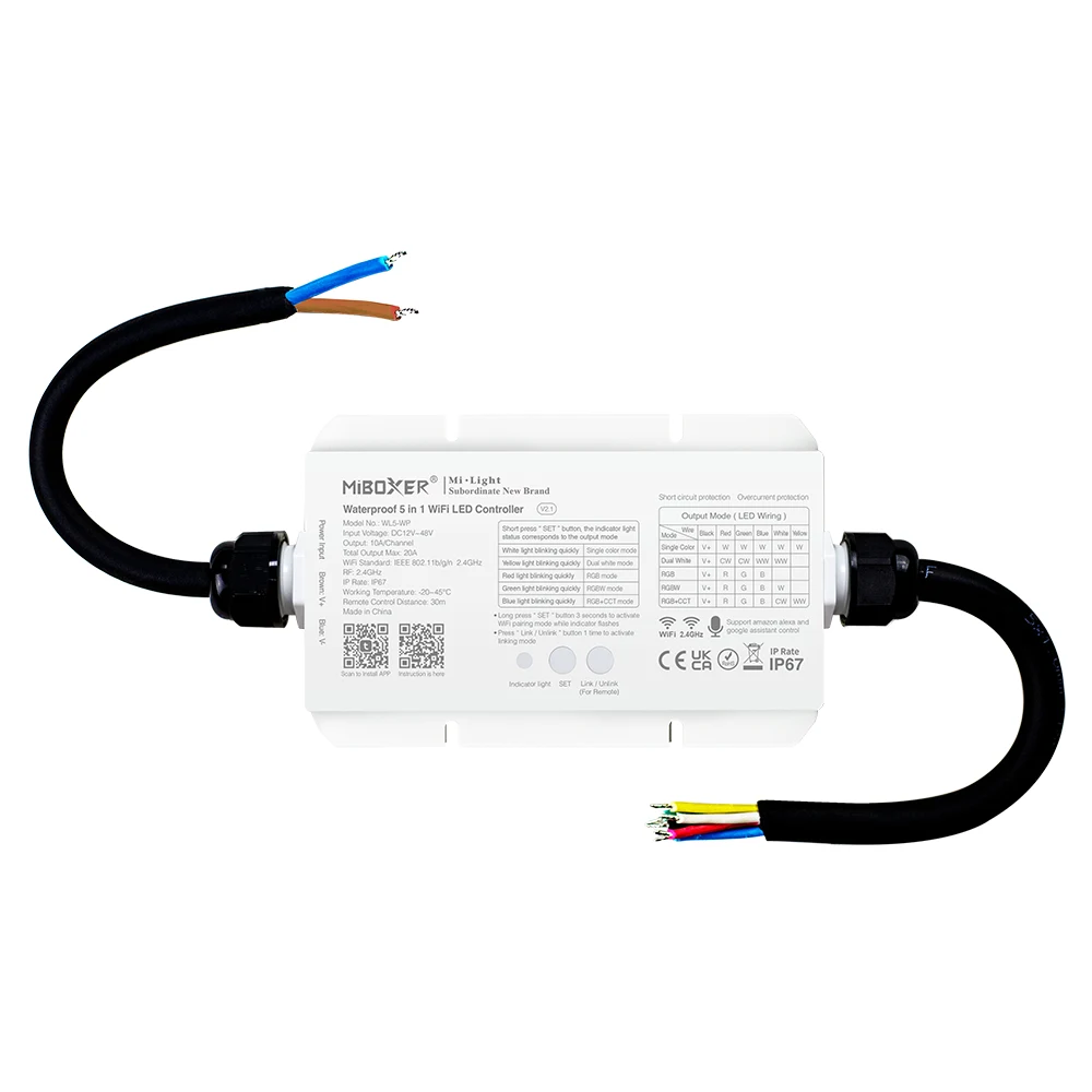 Wasserdichter MiBoxer WL5-WP 5-in-1 LED Controller für RGB, RGBW, CCT und RGBCCT LED-Streifen – 12-48 V DC, WiFi 2.4 GHz Funksteuerung, kompatibel mit Tuya und Smart-Home-Systemen – SK-LED