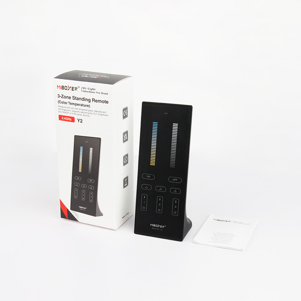 MiBoxer Y2 CCT LED Fernbedienung Standgerät 2.4GHz Verpackung und Lieferumfang MiBoxer Y2 CCT LED Fernbedienung als Standgerät 2.4GHz mit Verpackung und Lieferumfang zur Steuerung von Farbtemperatur und Helligkeit bei LED Streifen