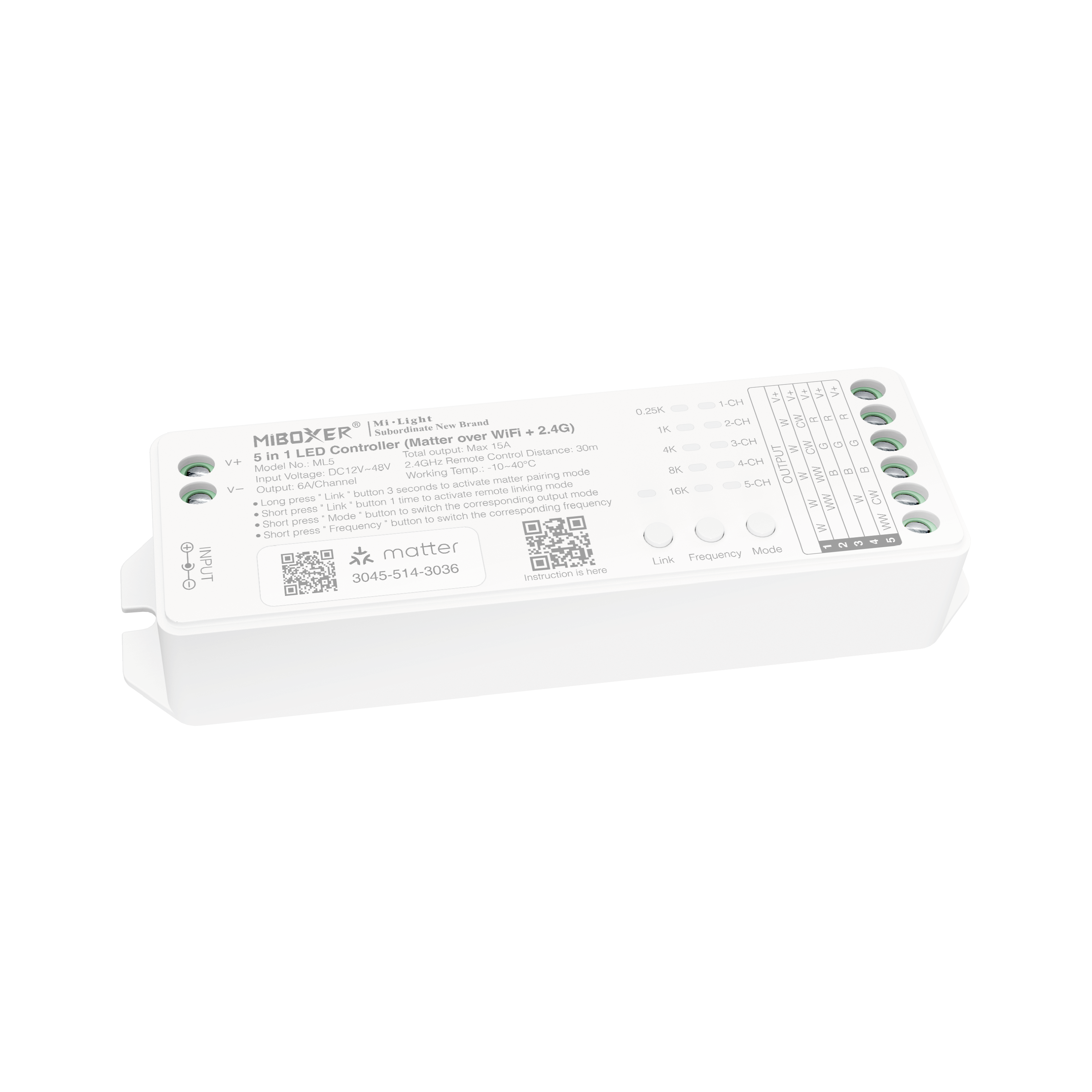 MiBoxer ML5 – Matter 5-in-1 LED Controller, Perspektivansicht, kompaktes Gehäuse | SK-LED MiBoxer ML5 Matter LED Controller – kompaktes Gehäuse 17x36x74,5 mm, Schraubklemmen, Schrägansicht, 5-in-1 für alle LED-Typen