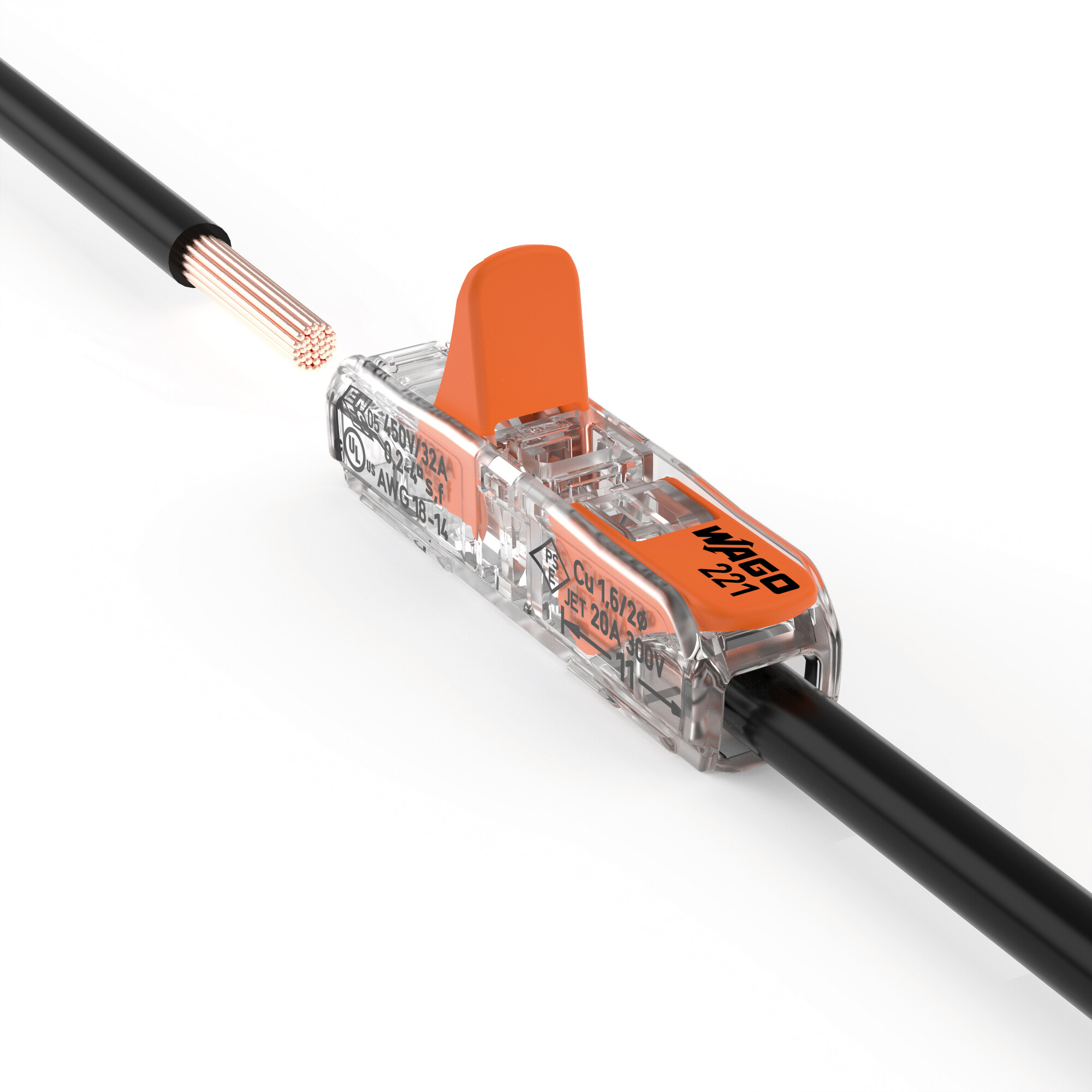 WAGO 221-2411 – Leiter eingesteckt, sichere 1-polige Verbindung WAGO 221-2411 Hebel-Durchgangsklemme mit eingestecktem Leiter – sichere Verbindung massiver und flexibler Drähte bis 4 mm²