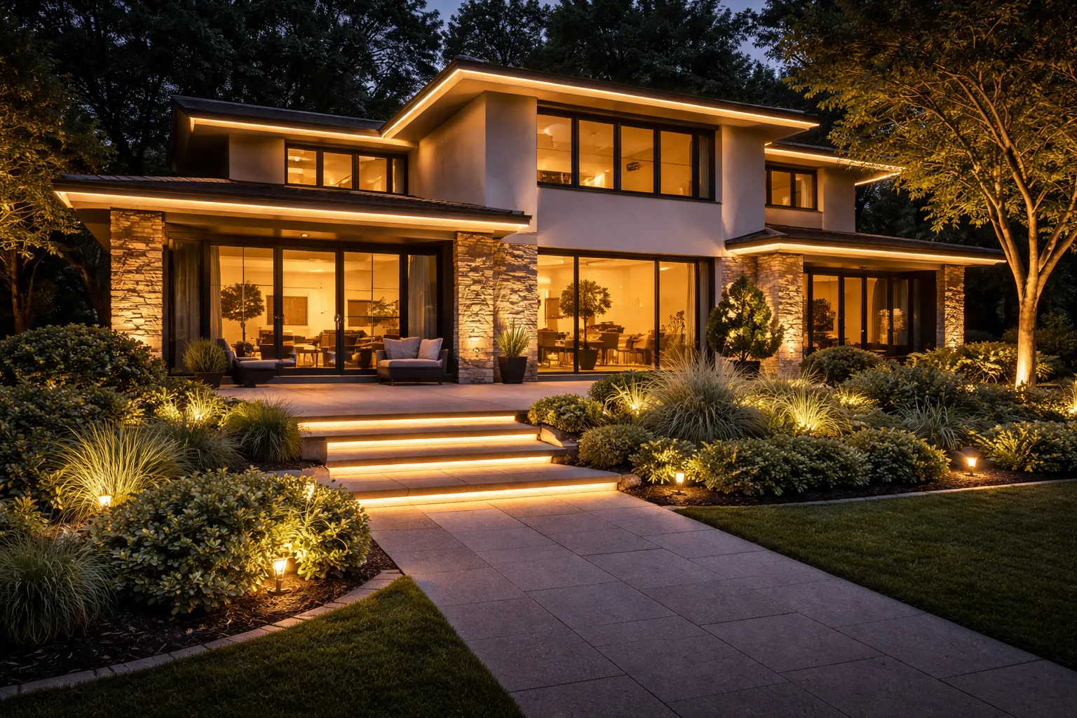 Außenbeleuchtung Haus mit LED Streifen – indirektes Fassadenlicht Außenbeleuchtung am Haus mit LED Streifen indirekt an der Fassade für warmweißes Licht im Gartenbereich