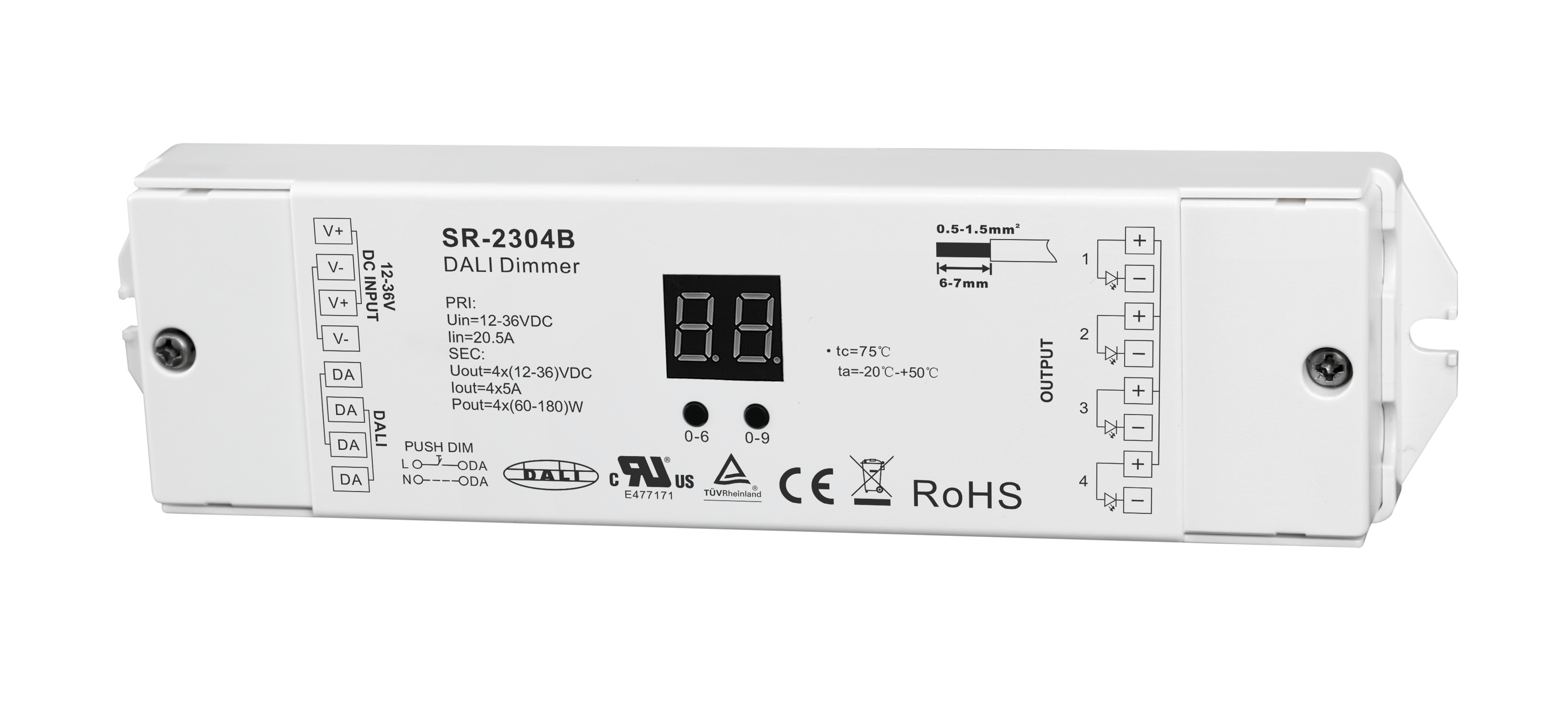 SR-2304B DALI-2 LED Controller 4-Kanal 12–36V DC 4×5A (DT6) mit Push-DIM – 20A