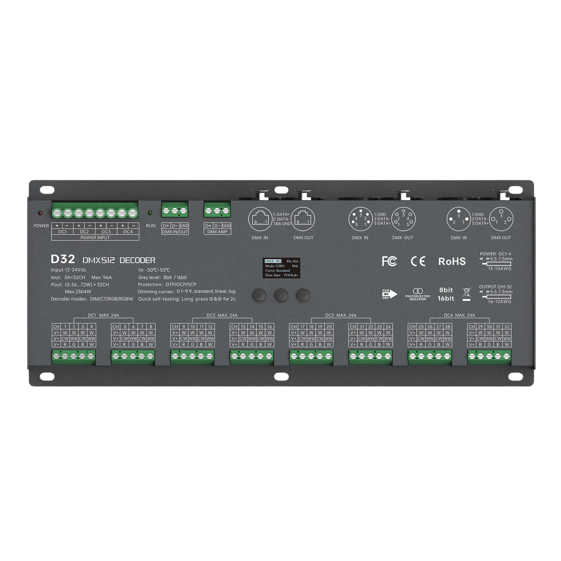 LTECH D32 DMX512/RDM LED Controller 32-Kanal 3A, 12-24V DC, mit OLED Display, Konstantspannung