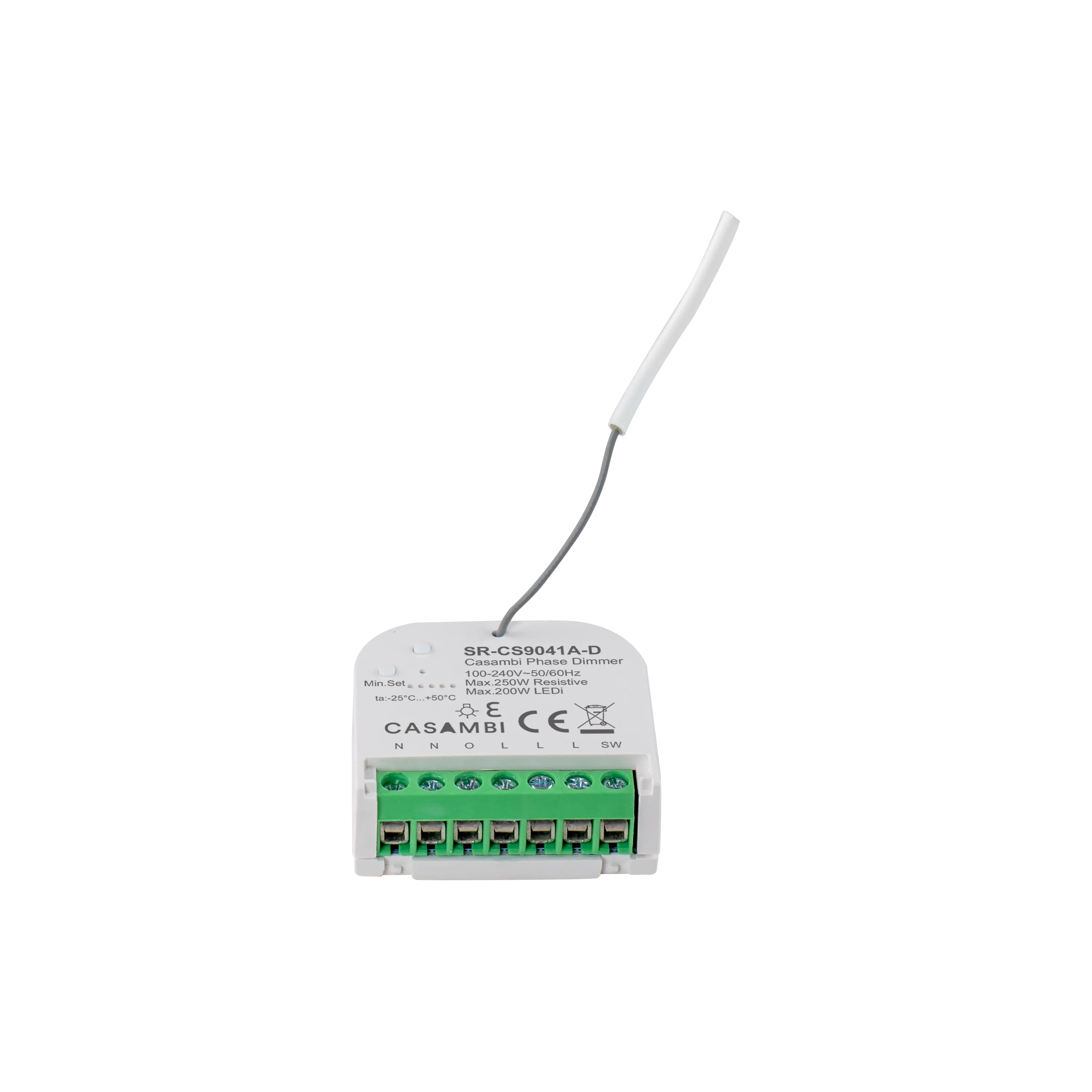 Casambi Dimmer SR-CS9041A-D Anschlussklemmen Seite Casambi LED Dimmer SR-CS9041A-D Seitenansicht mit Anschlussklemmen 230V