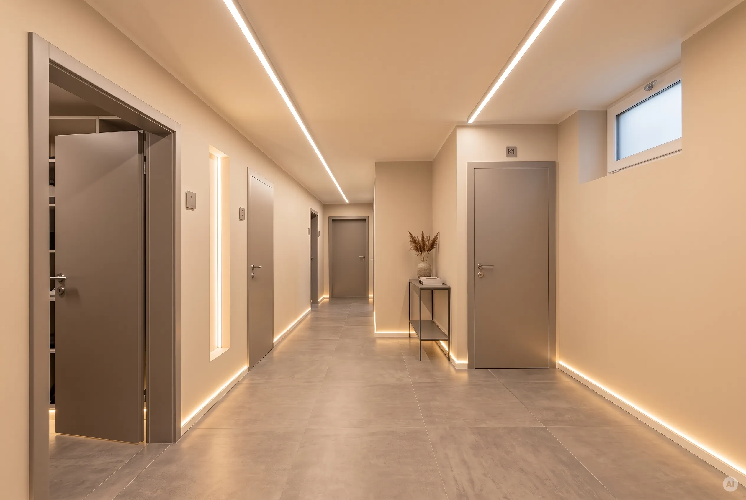 Atmosphärische Flurbeleuchtung durch LED-Profile Langer, moderner Flur mit hellbeigen Wänden, grauen Bodenfliesen und bündig in Decke und Sockelleisten integrierten LED-Lichtbändern, die ein warmes Licht ausstrahlen. Mehrere graue Türen säumen den Korridor.