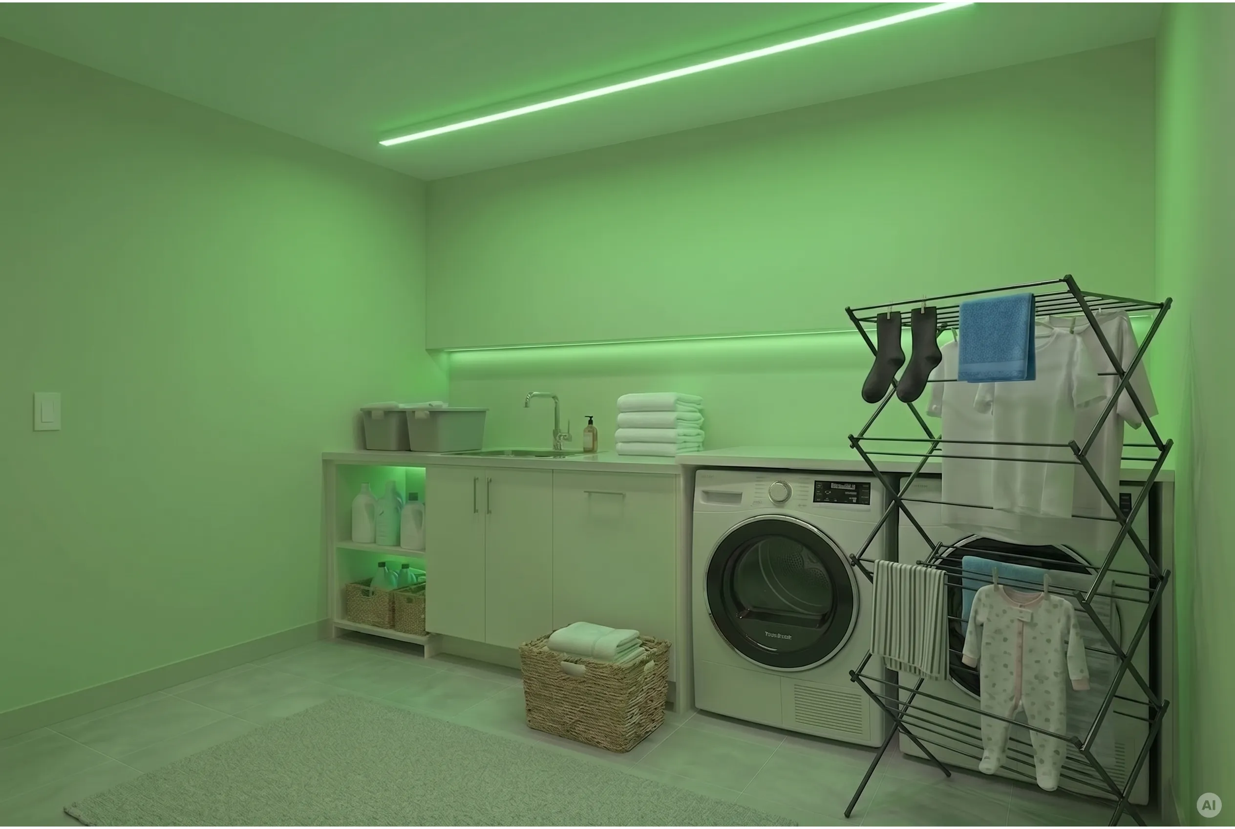 Moderne Waschküche mit grüner LED-Beleuchtung an Decke und Nische Funktionaler Hauswirtschaftsraum mit Waschmaschine, Wäscheständer, heller Arbeitsplatte und auffälliger grüner LED-Lichtleiste an Decke und Wand.