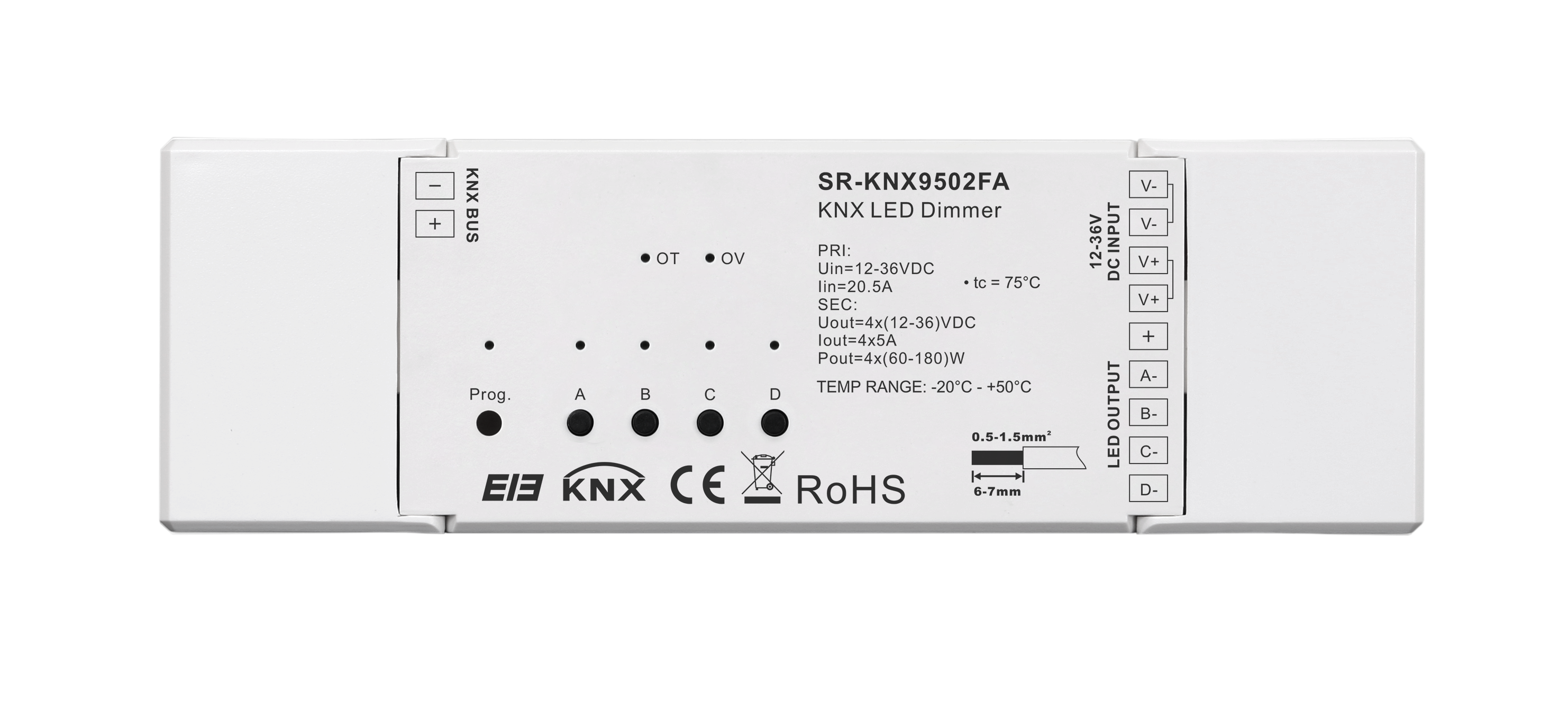 KNX LED-Dimmer SR-KNX 9502FA– 4-Kanal Konstantspannung (12–36 V, je 5 A) für LED Streifen 